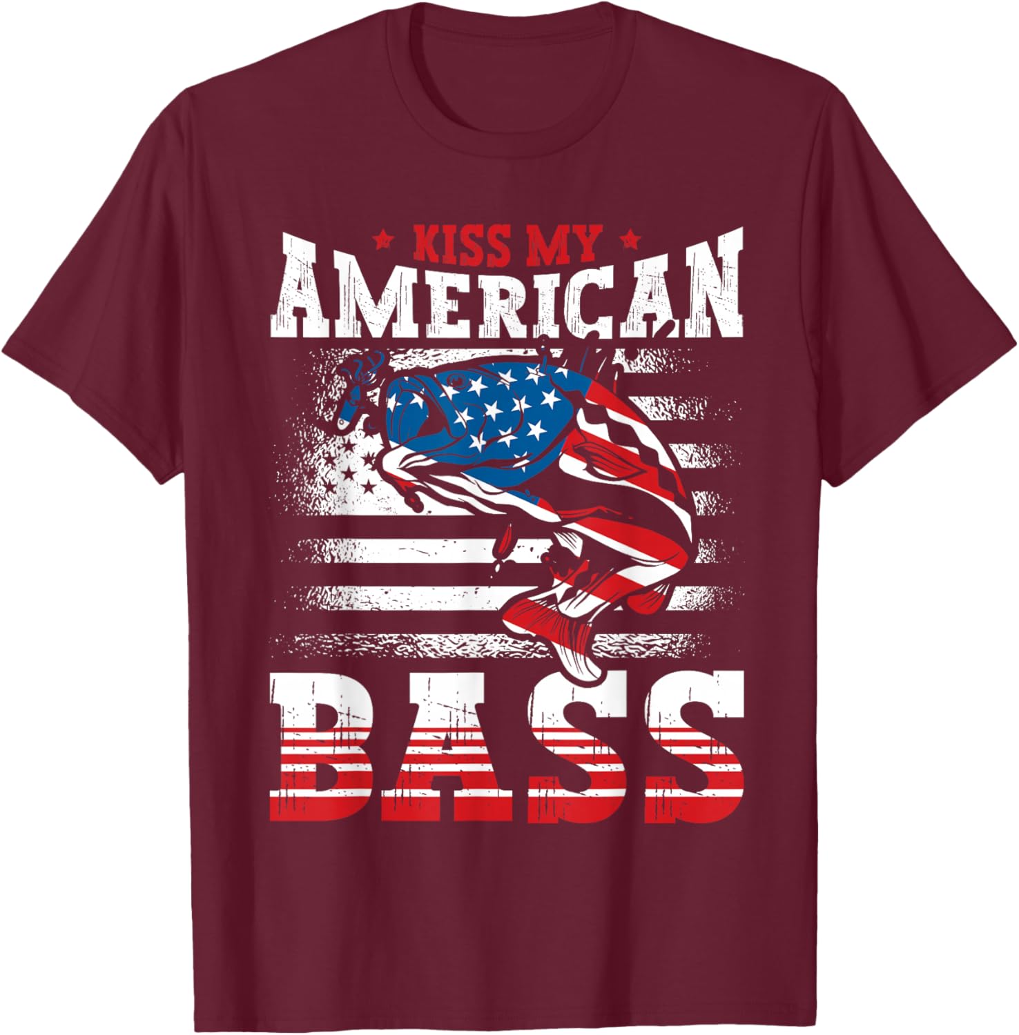 Kiss My American Bass Fishing USA Flag 4th of July Patriotic T-Shirt - T-Shirt | Maroon