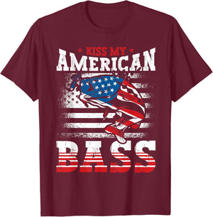 Kiss My American Bass Fishing USA Flag 4th of July Patriotic T-Shirt - T-Shirt | Maroon