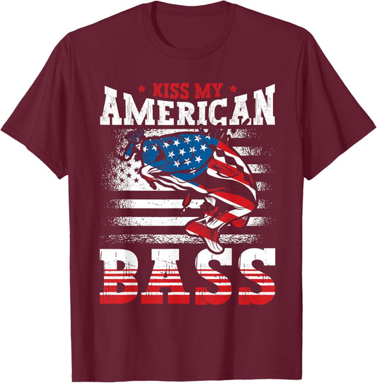 Kiss My American Bass Fishing USA Flag 4th of July Patriotic T-Shirt - T-Shirt | Maroon