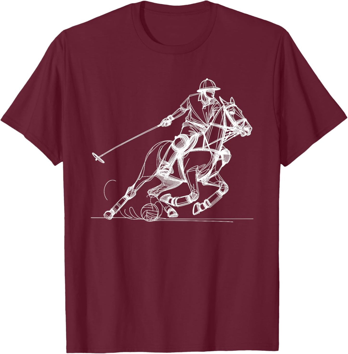 Line Art Polo Horseback Riding Horses Equestrian Horse Lover T-Shirt - T-Shirt | Maroon