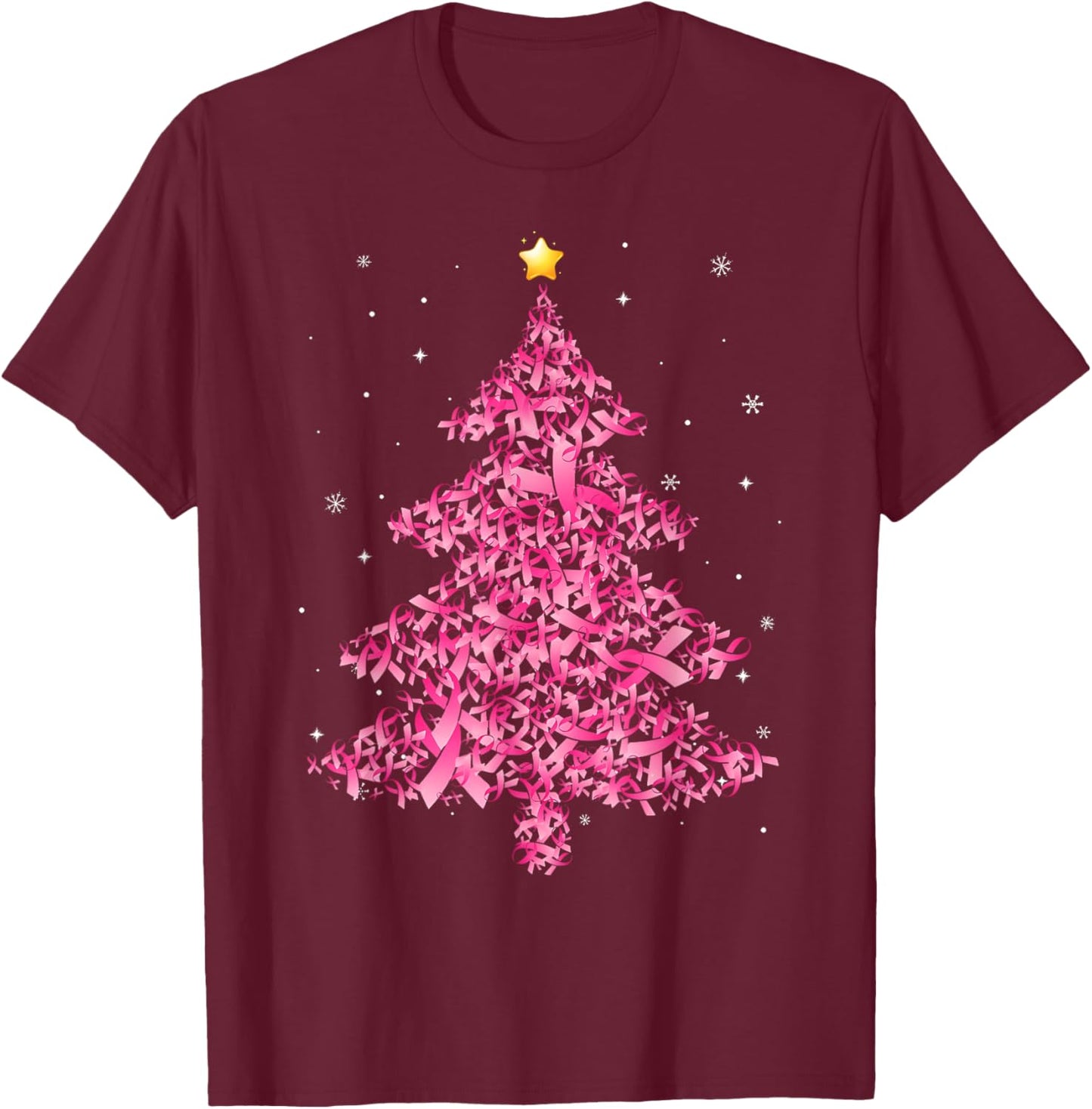 Breast Cancer Christmas Santa Hat Pink Ribbon Xmas Tree T-Shirt - T-Shirt | Maroon