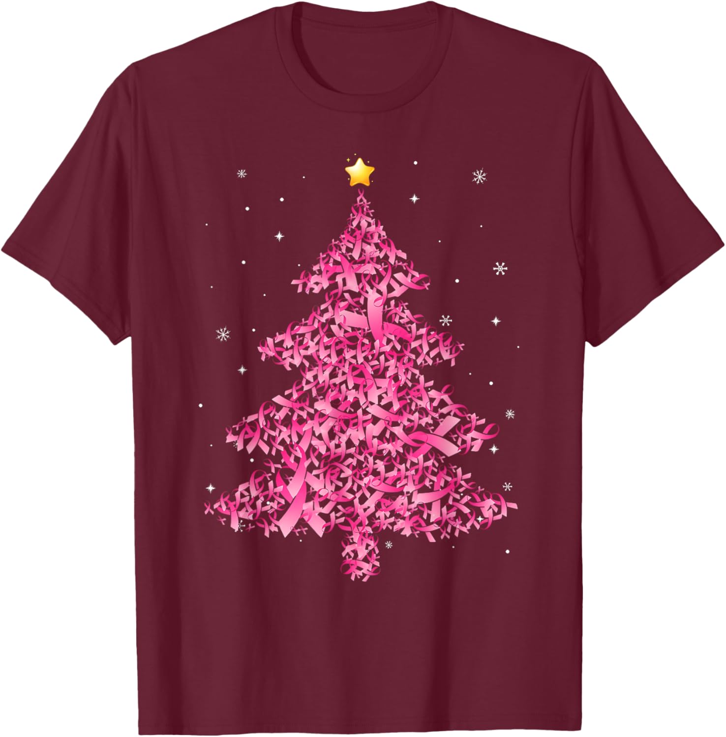 Breast Cancer Christmas Santa Hat Pink Ribbon Xmas Tree T-Shirt - T-Shirt | Maroon