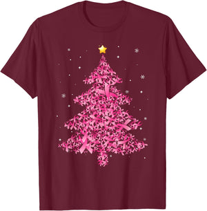 Breast Cancer Christmas Santa Hat Pink Ribbon Xmas Tree T-Shirt - T-Shirt | Maroon
