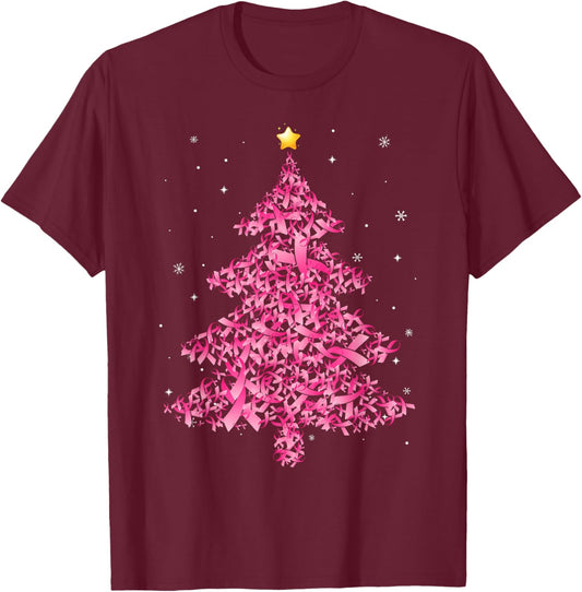 Breast Cancer Christmas Santa Hat Pink Ribbon Xmas Tree T-Shirt - T-Shirt | Maroon