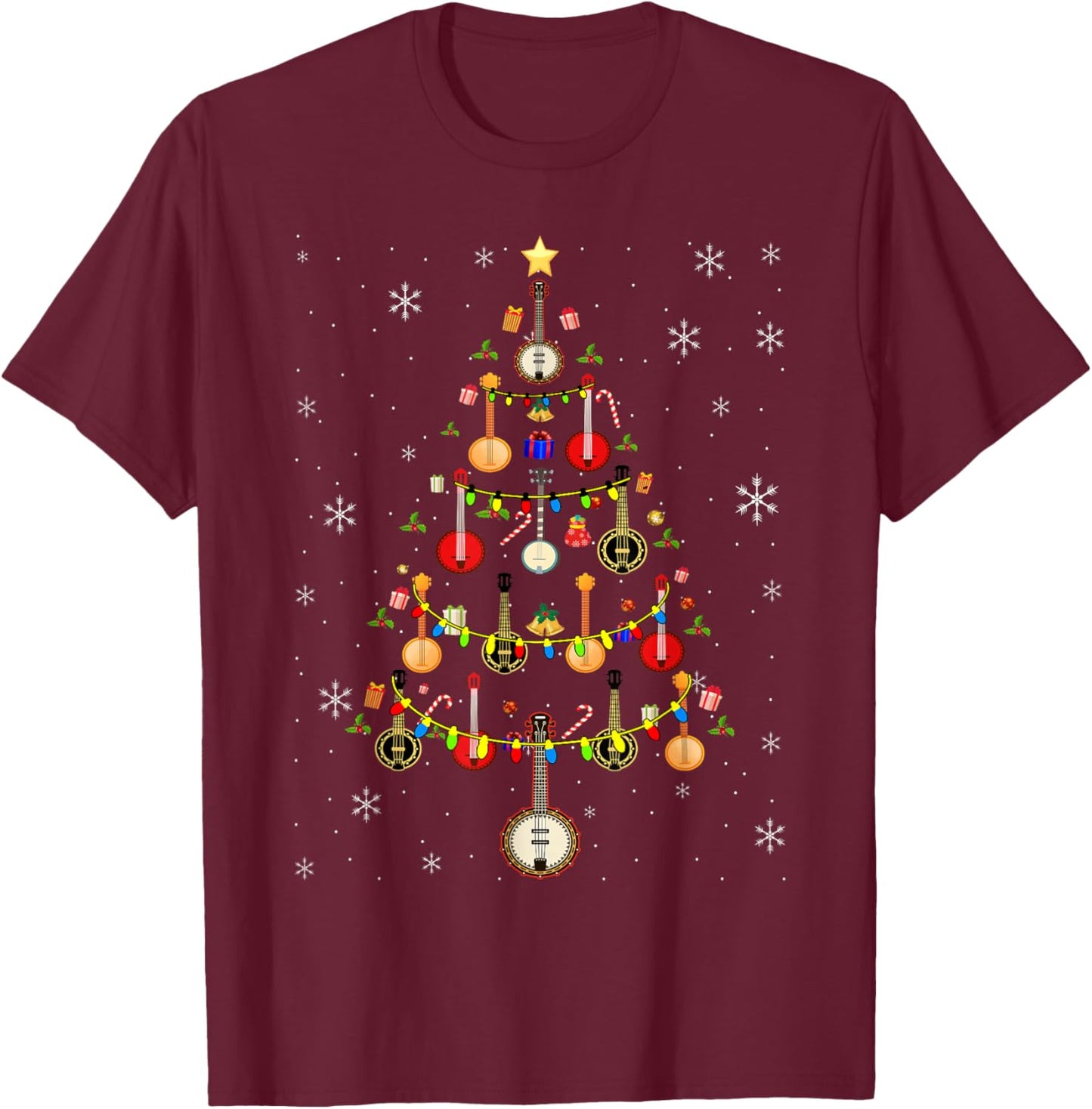 Banjo Music Lover Xmas Santa Hat Banjo Christmas Tree T-Shirt - T-Shirt | Maroon
