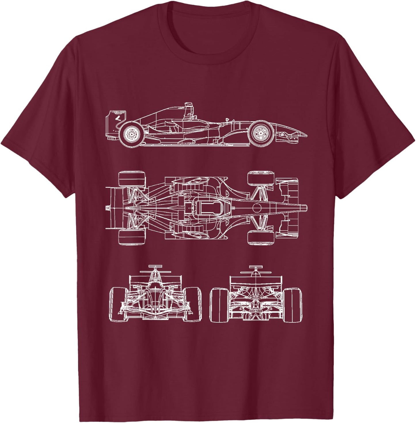 Blueprint Racing car Formula, Project Front, Back, Side View T-Shirt - T-Shirt | Maroon
