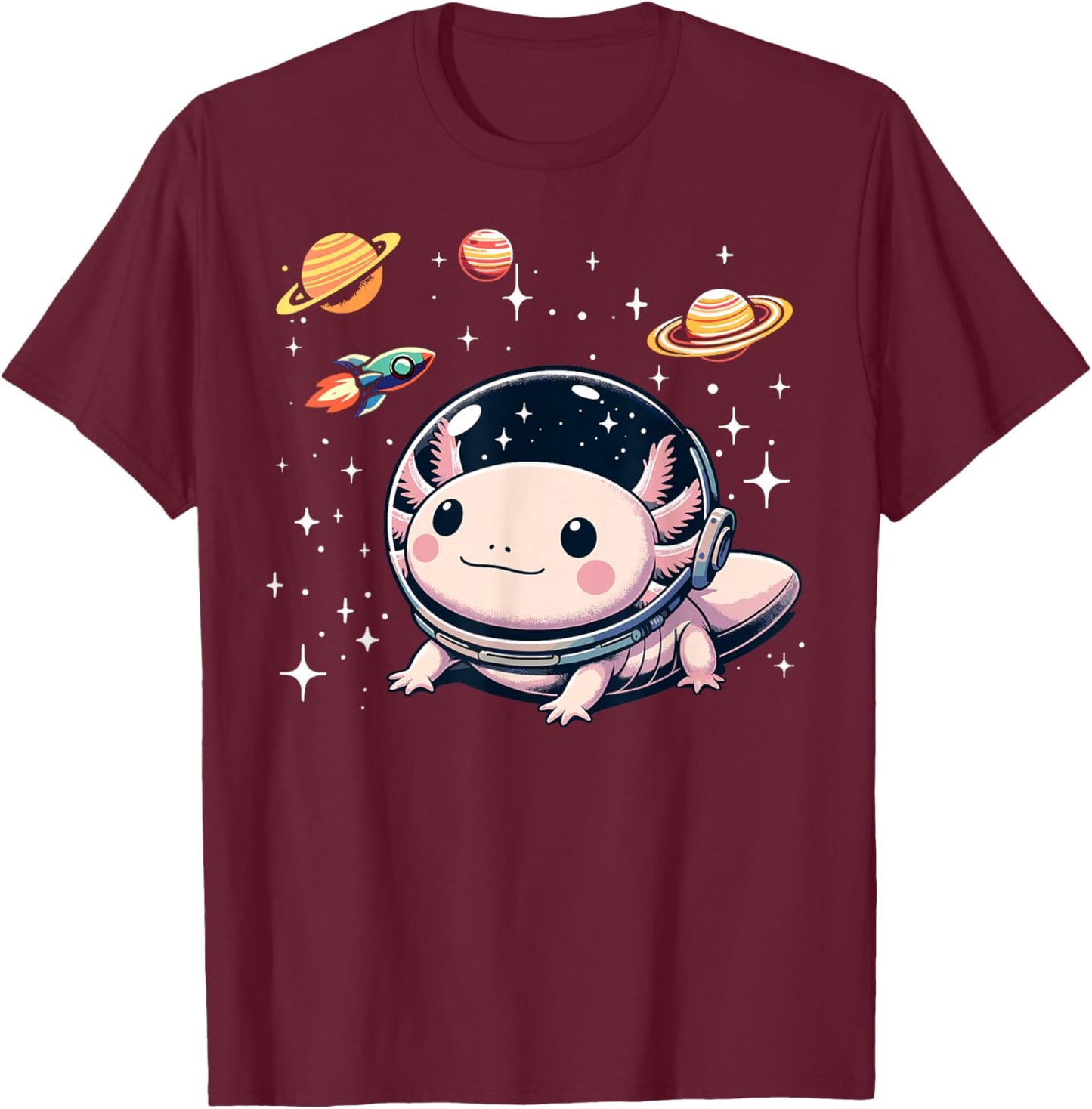 Axolotl Kawaii Cute Axolotls Astronaut Planets Space T-Shirt - T-Shirt | Maroon