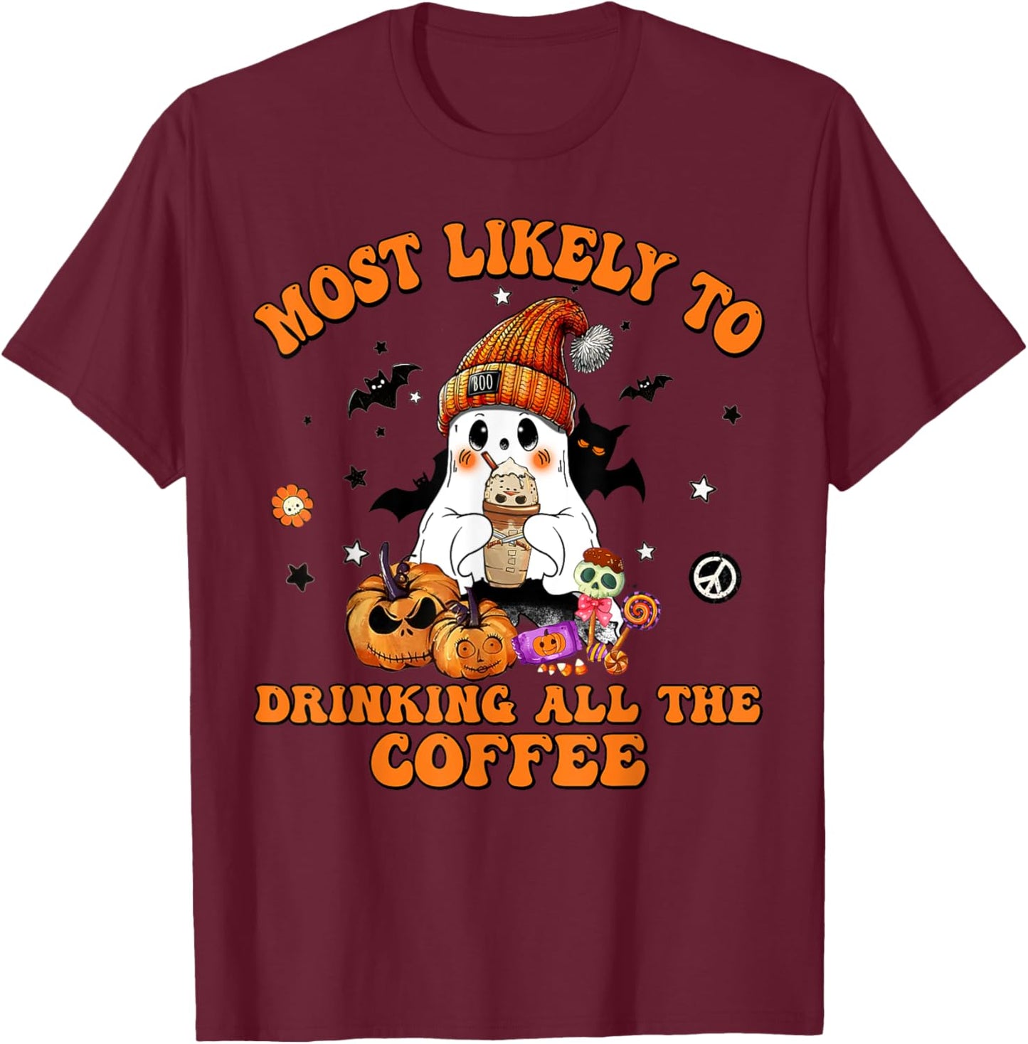Most Likely To Halloween Drinking All The Coffee T-Shirt - T-Shirt | Maroon