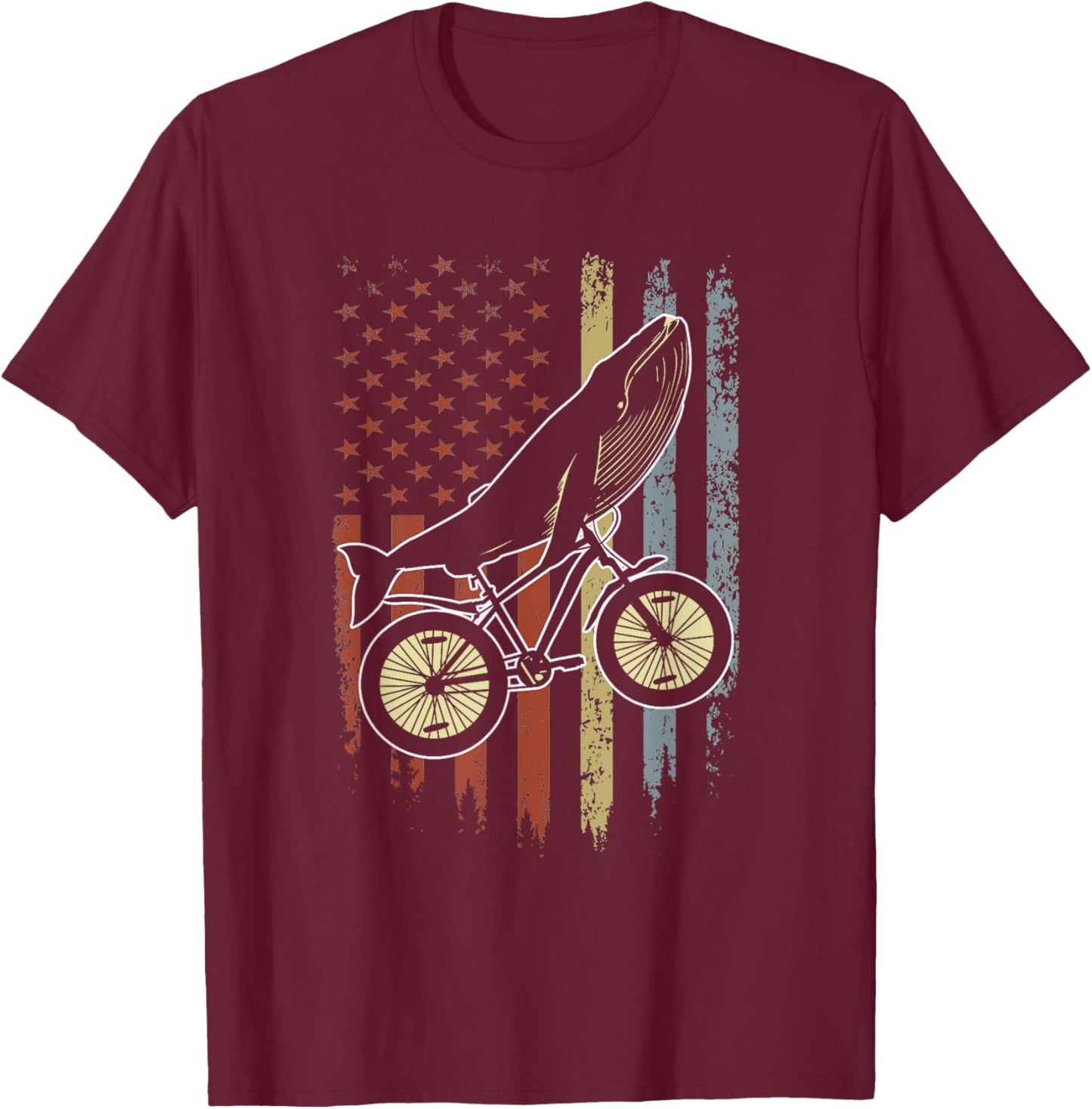 Whale Riding Bicycle Vintage USA FLag Mountain Biking Whale T-Shirt - T-Shirt | Maroon