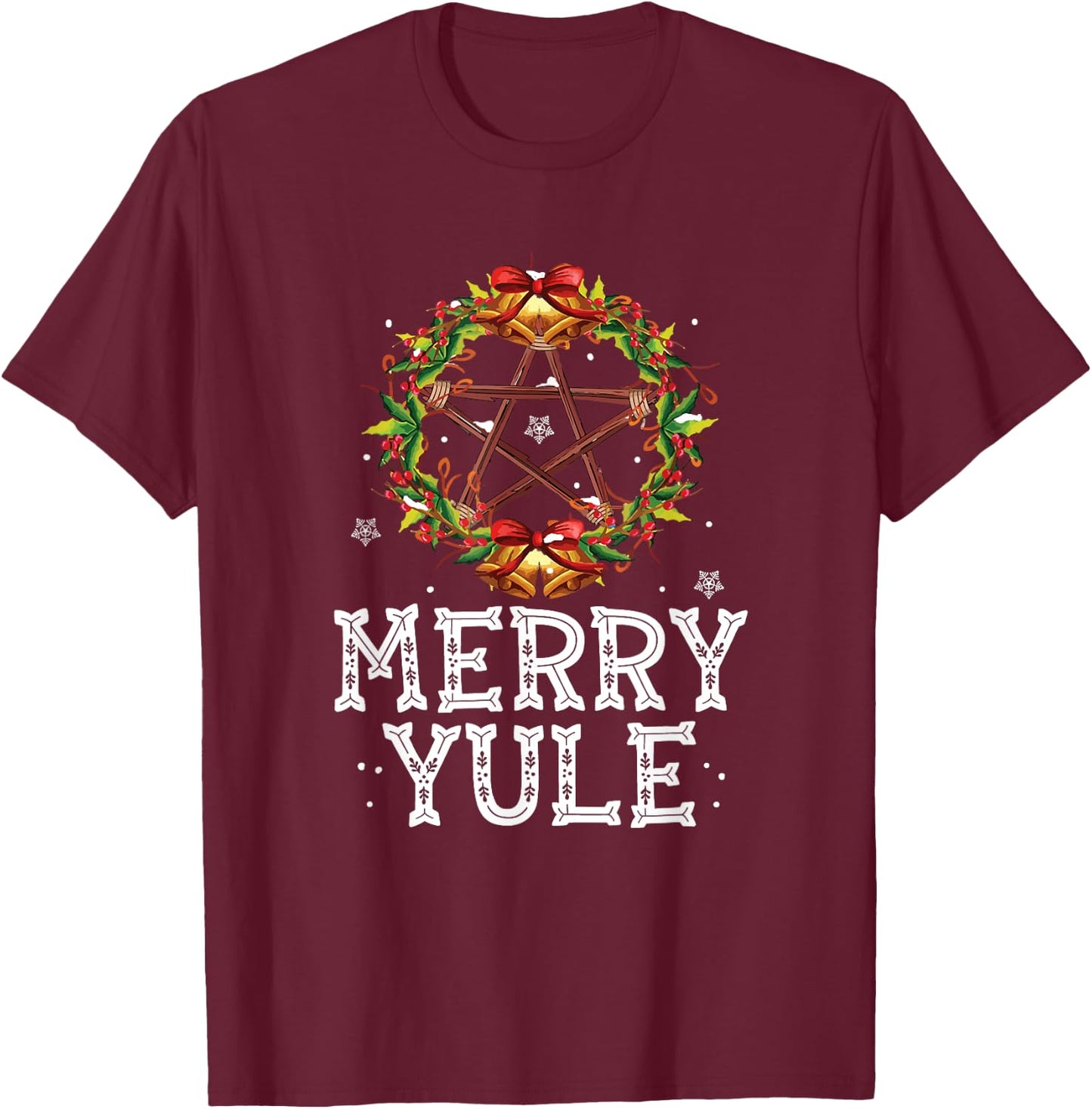 Merry Yule Winter Solstice Holly Pentagram Gift T-Shirt - T-Shirt | Maroon
