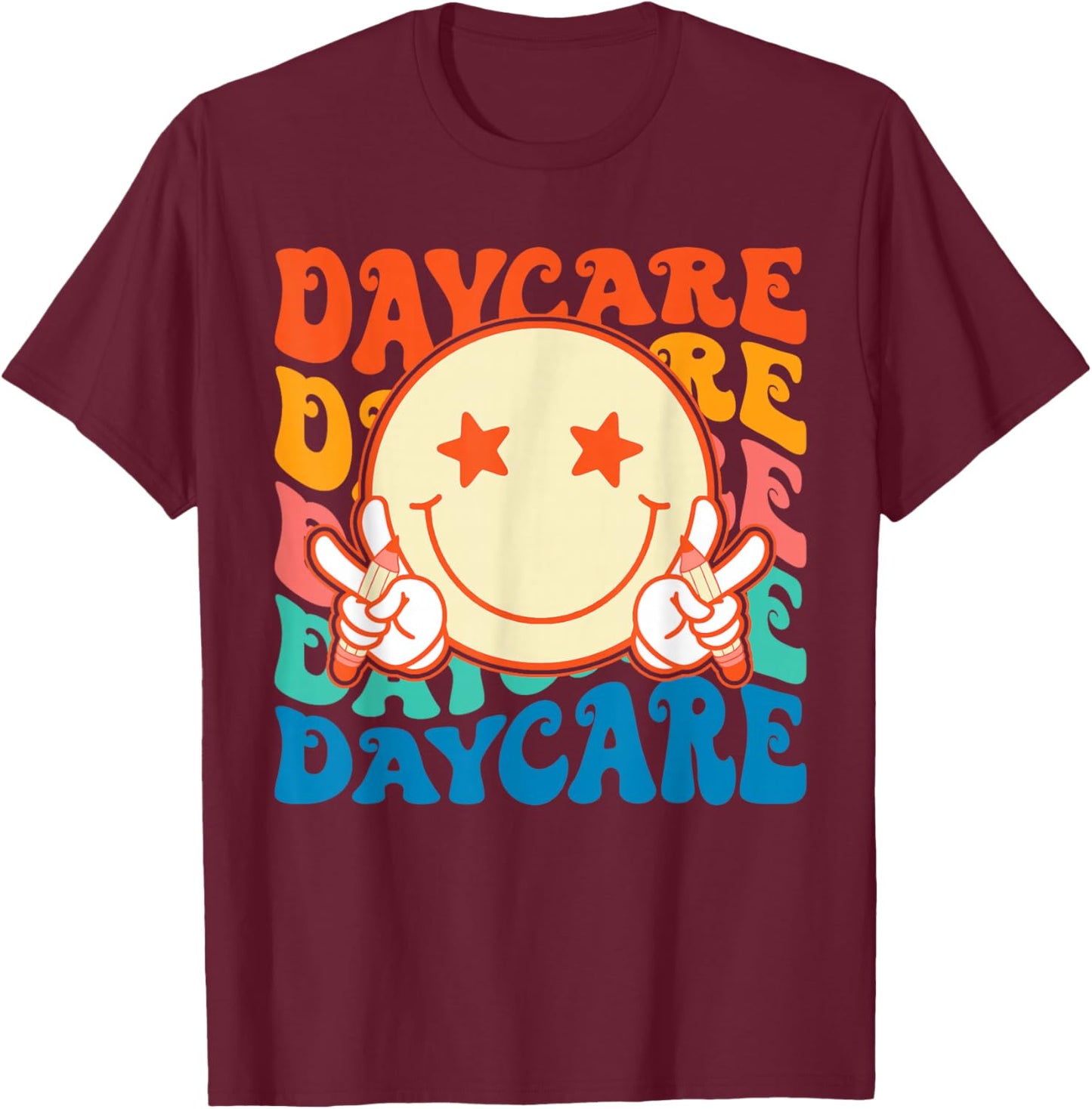 Smile face Daycare Groovy Teachers Kids First Day Of School T-Shirt - T-Shirt | Maroon