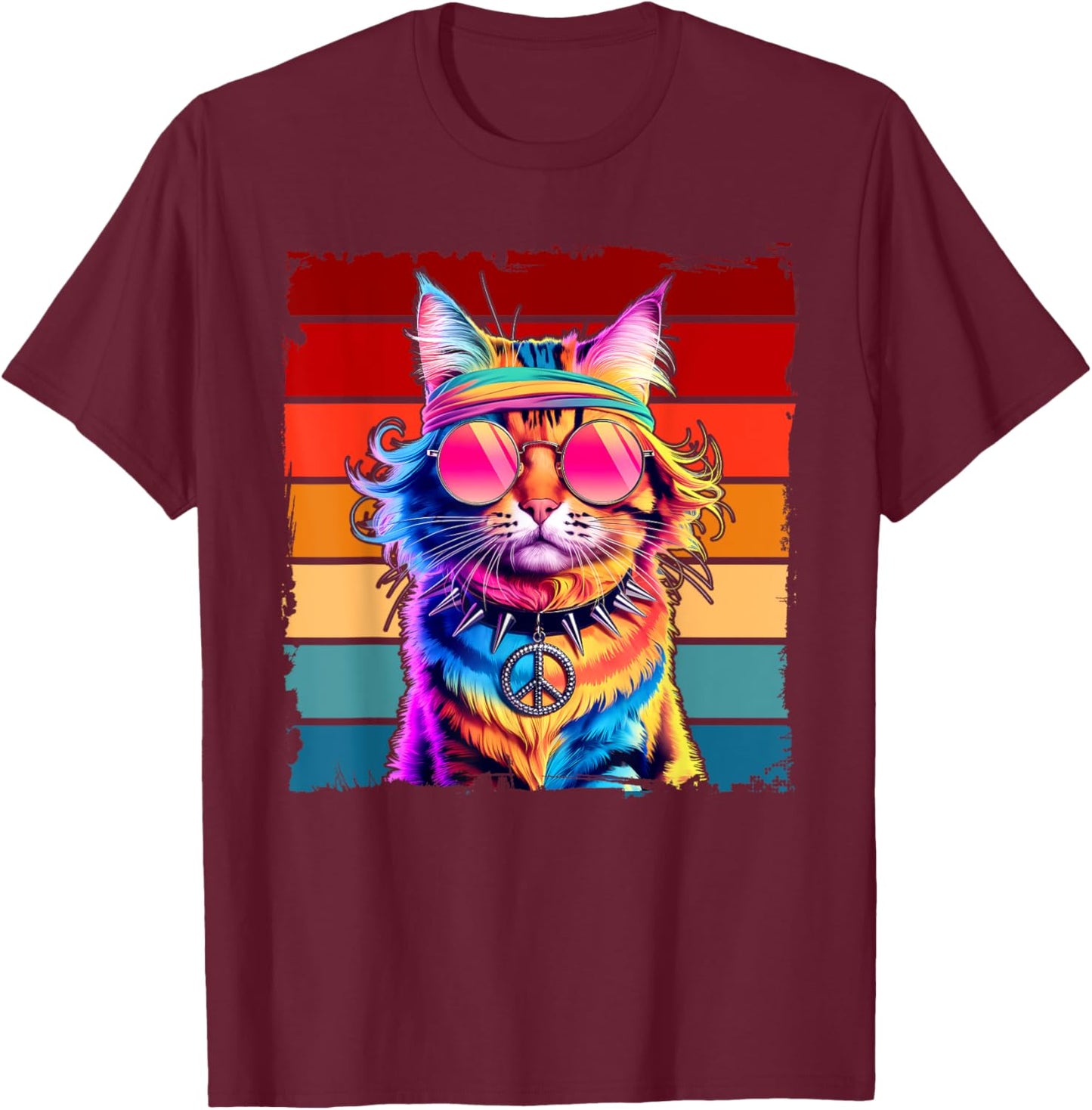 Psychedelic Peace Cat Colorful Hippie Retro Groovy Vibes Men Women Kids T-Shirt - T-Shirt | Maroon