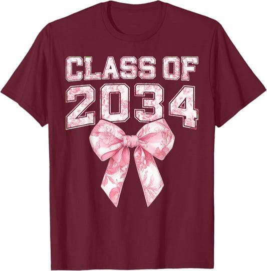 Retro Class of 2034 Graduation Preppy Coquette Bow Senior 34 T-Shirt - T-Shirt | Maroon