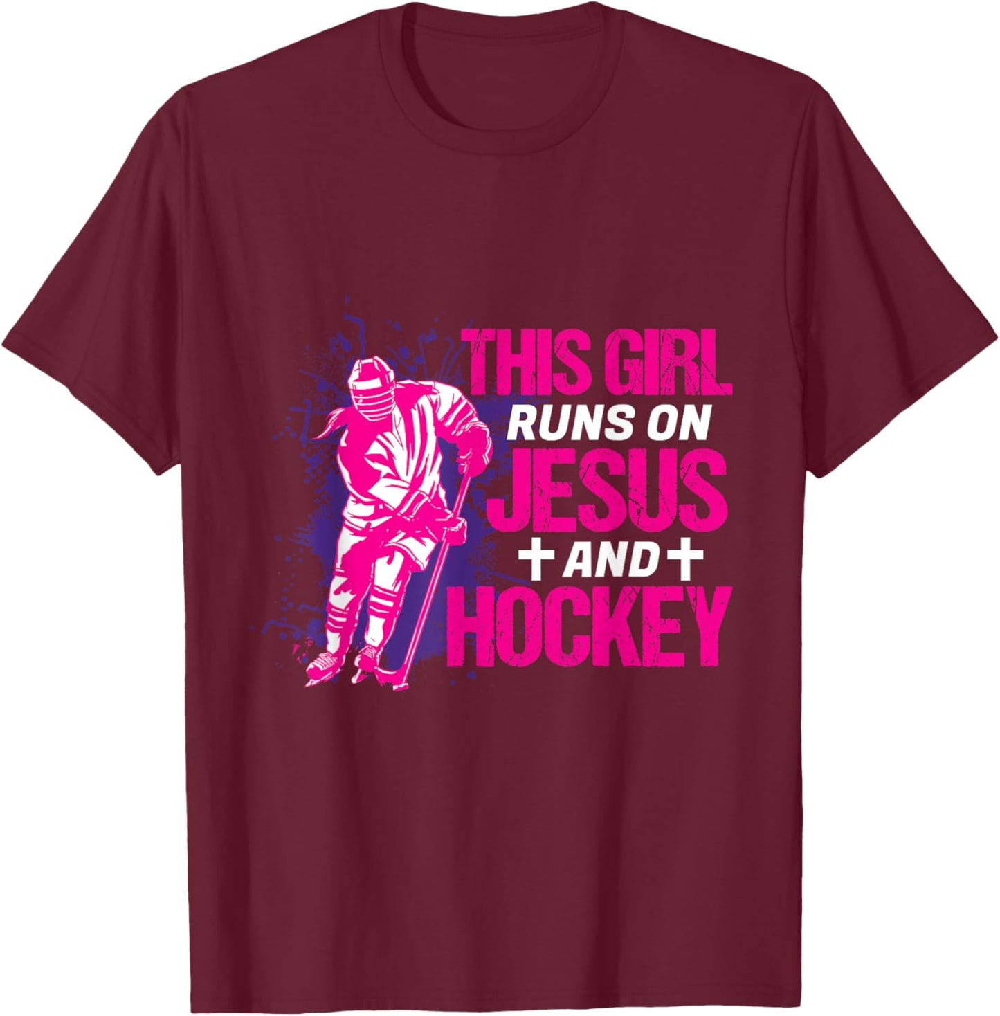This Girl Runs On Jesus And Hockey I Hockey Player T-Shirt - T-Shirt | Maroon