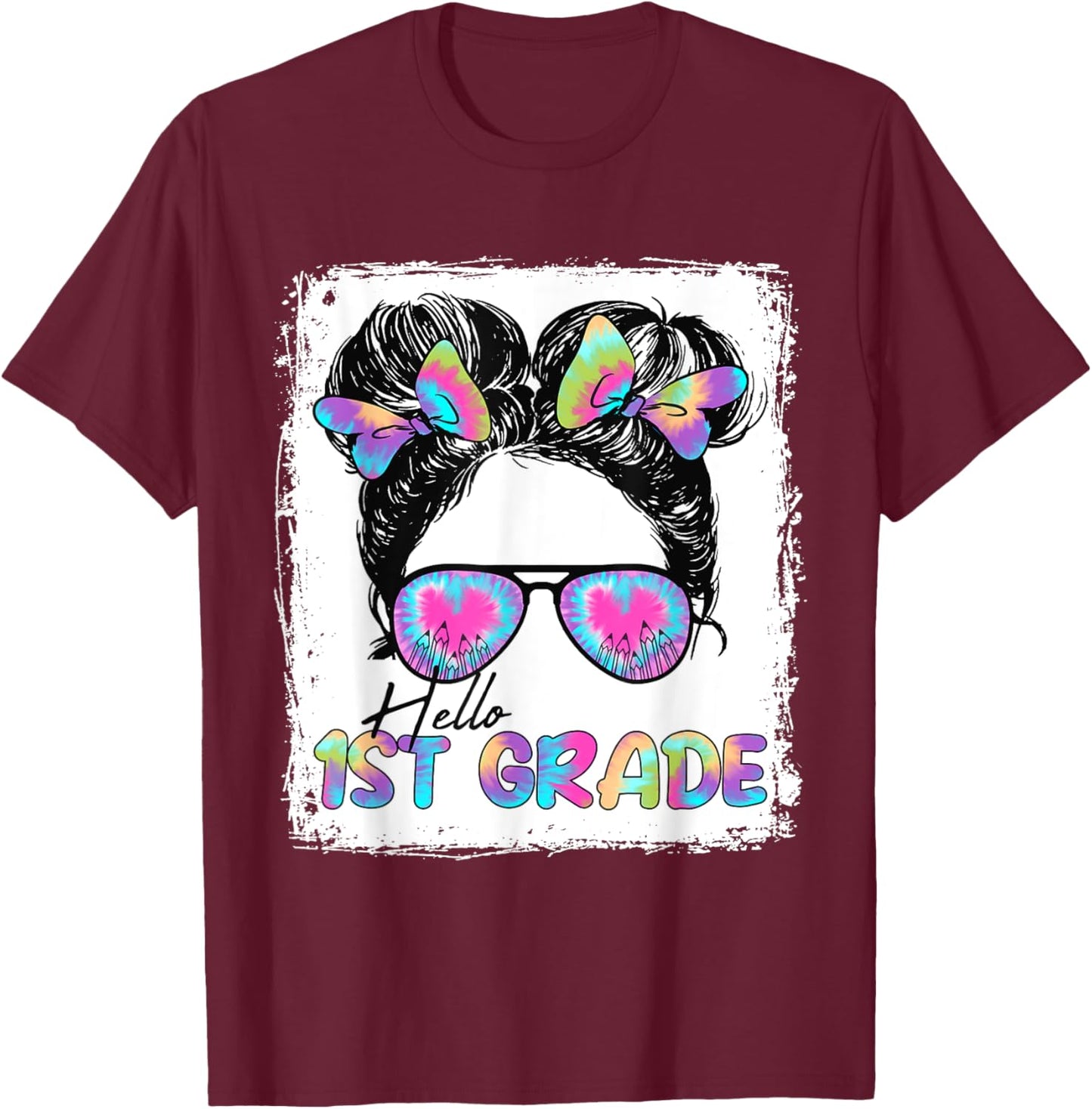 Hello 1st Grade Messy Hair Bun Girl Back To School First Day T-Shirt - T-Shirt | Maroon