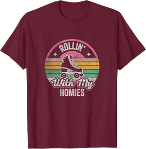 Retro Vintage Rollin with My Homies Roller Skating T-Shirt - T-Shirt | Maroon