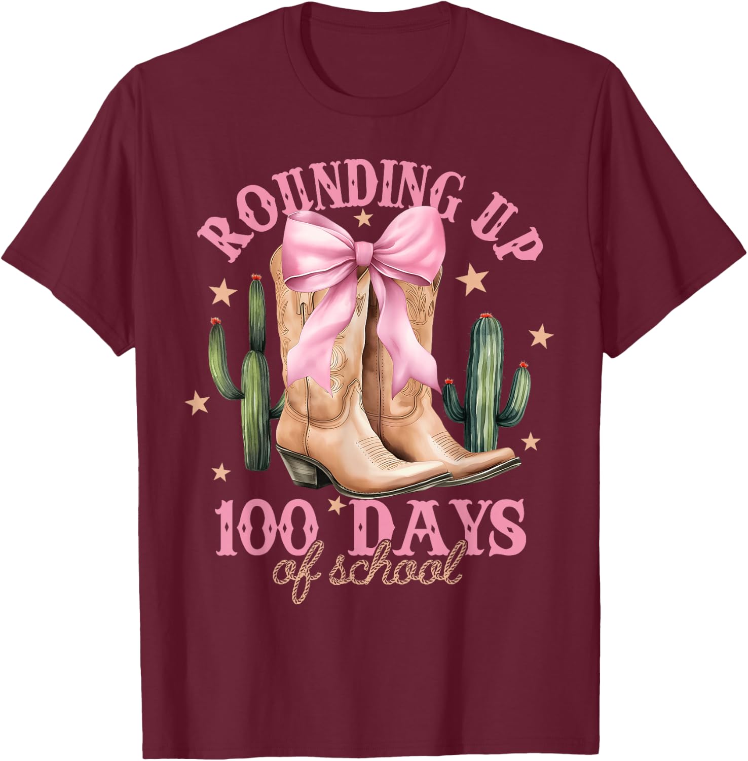 Rounding Up 100 Days Of School Pink Coquette Bow Teacher T-Shirt - T-Shirt | Maroon