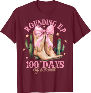 Rounding Up 100 Days Of School Pink Coquette Bow Teacher T-Shirt - T-Shirt | Maroon