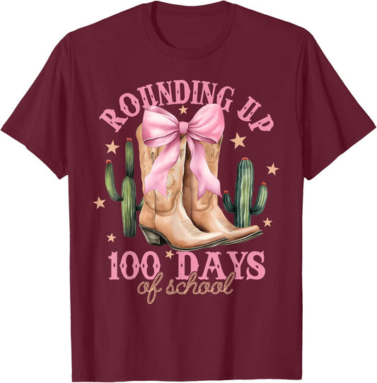Rounding Up 100 Days Of School Pink Coquette Bow Teacher T-Shirt - T-Shirt | Maroon