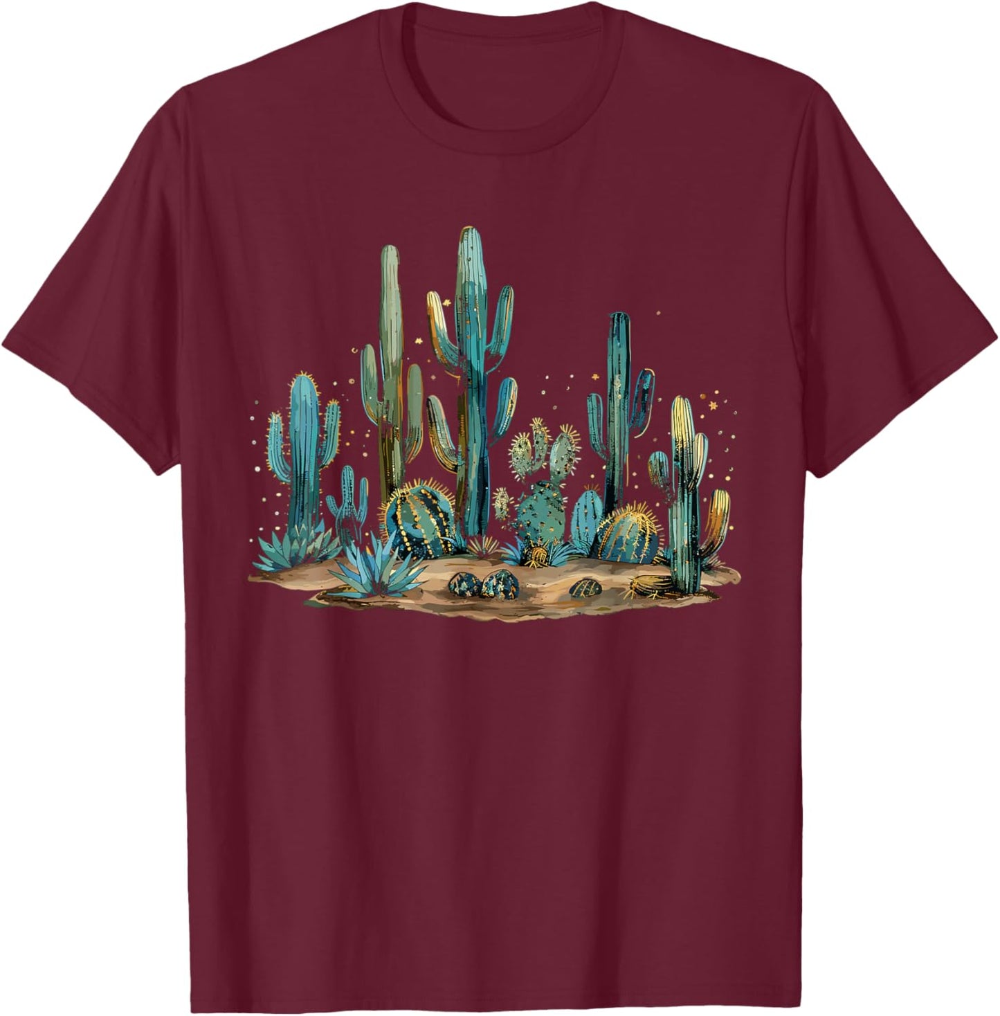 Saguaro Cactus Desert Art Moon Nature T-Shirt - T-Shirt | Maroon