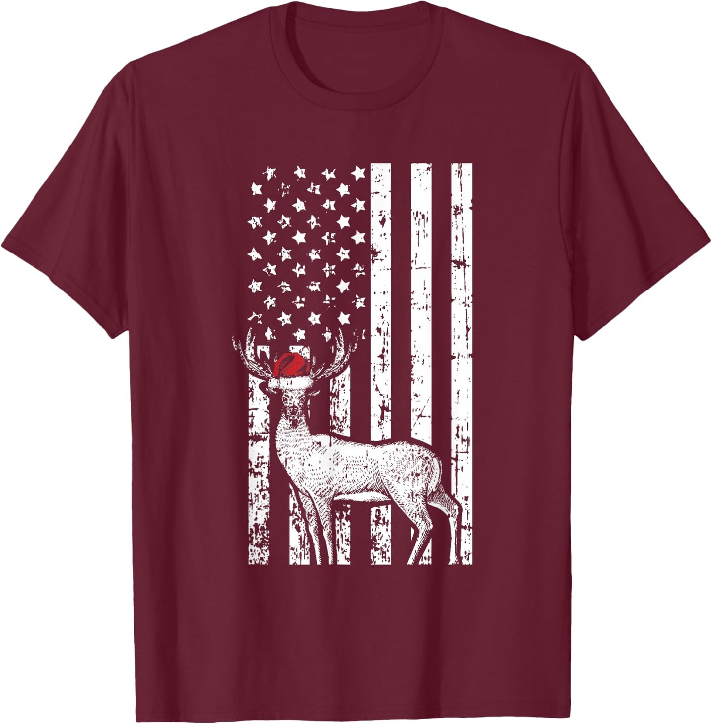 Deer Hunting Elk Santa Hat American Flag Christmas Gifts Kids Men T-Shirt - T-Shirt | Maroon