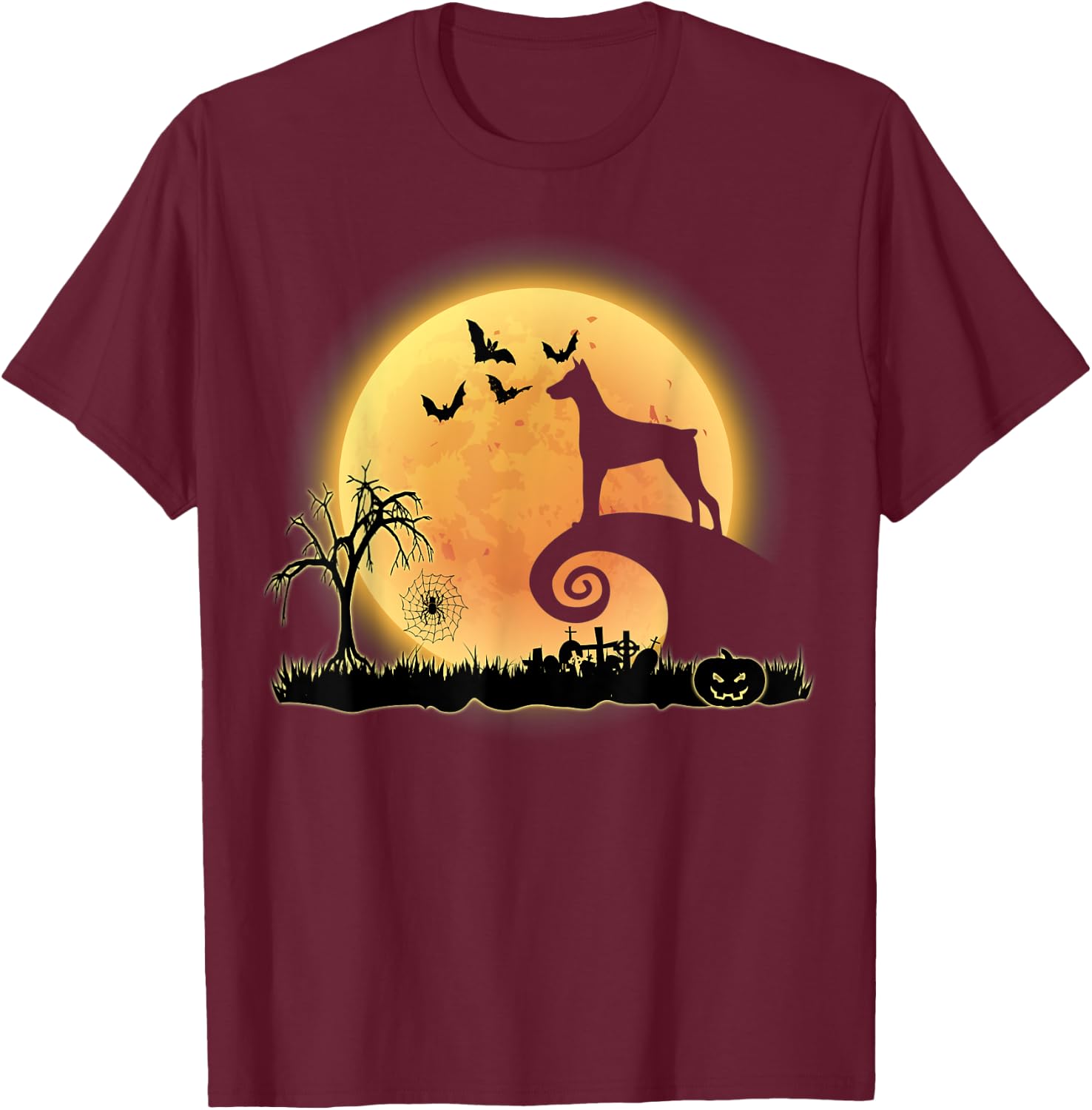 Doberman Dog And Moon Funny Scary Halloween Costume T-Shirt - T-Shirt | Maroon