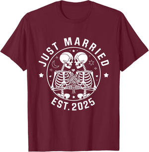 Just Married Skeleton Couple Est. 2025 T-Shirt - T-Shirt | Maroon
