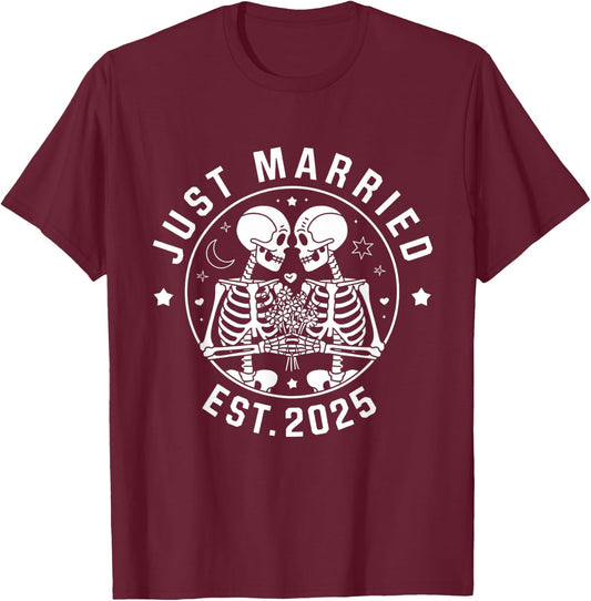 Just Married Skeleton Couple Est. 2025 T-Shirt - T-Shirt | Maroon