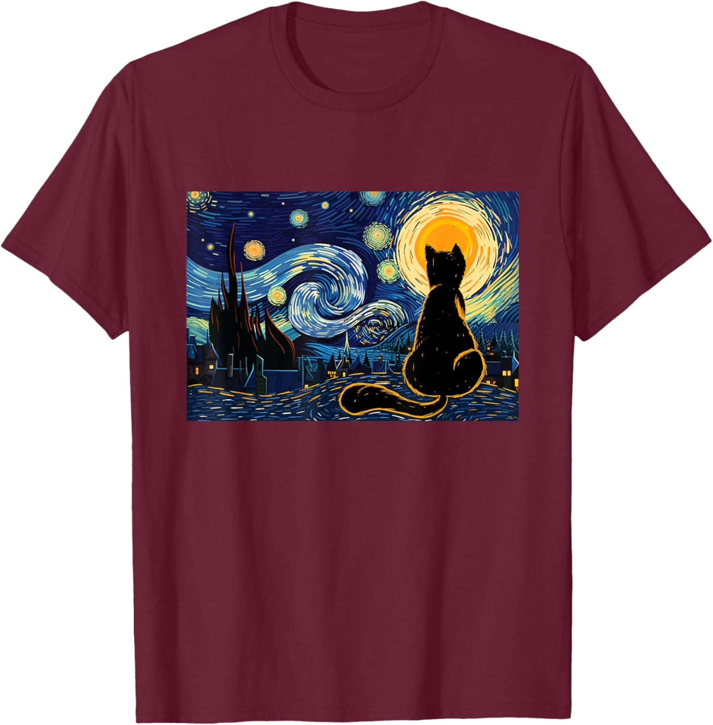 Cat Lookig At Starry Night - Cat Lover Kitten Owner Kitty Men Women Girls Kids T-Shirt - T-Shirt | Maroon