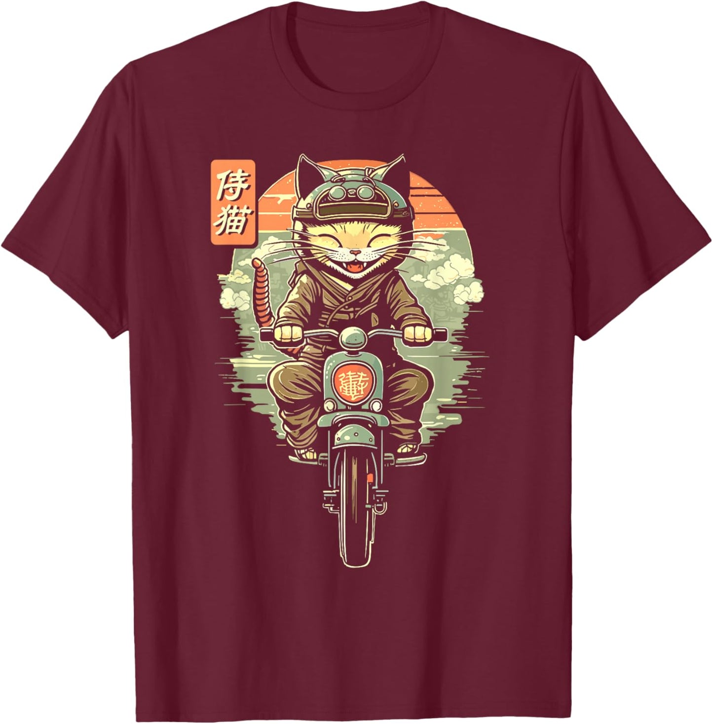 Japanese Samurai Cat on Motorcycle Kawaii Ninja Cat T-Shirt - T-Shirt | Maroon