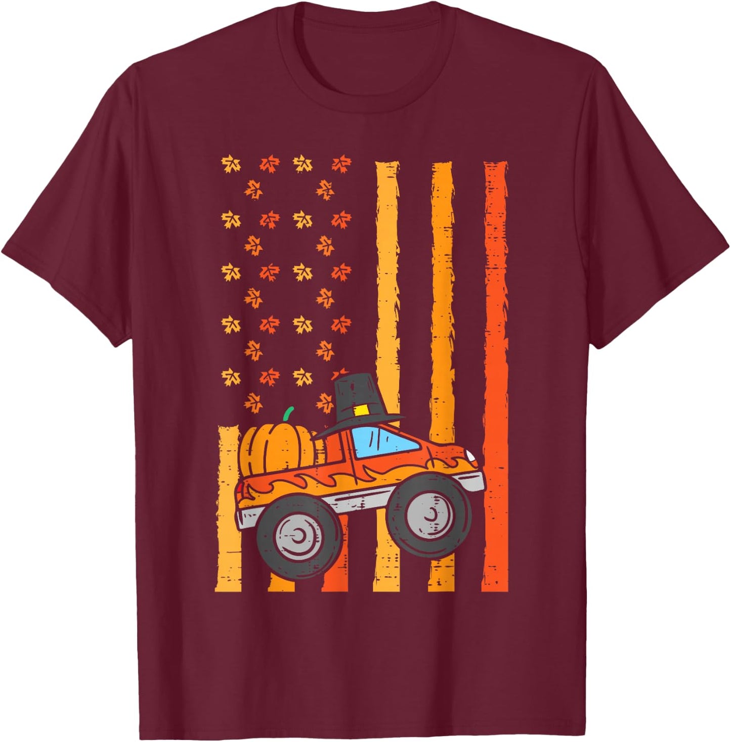 Thanksgiving Monster Truck US Flag Fall Toddler Boys Kids T-Shirt - T-Shirt | Maroon