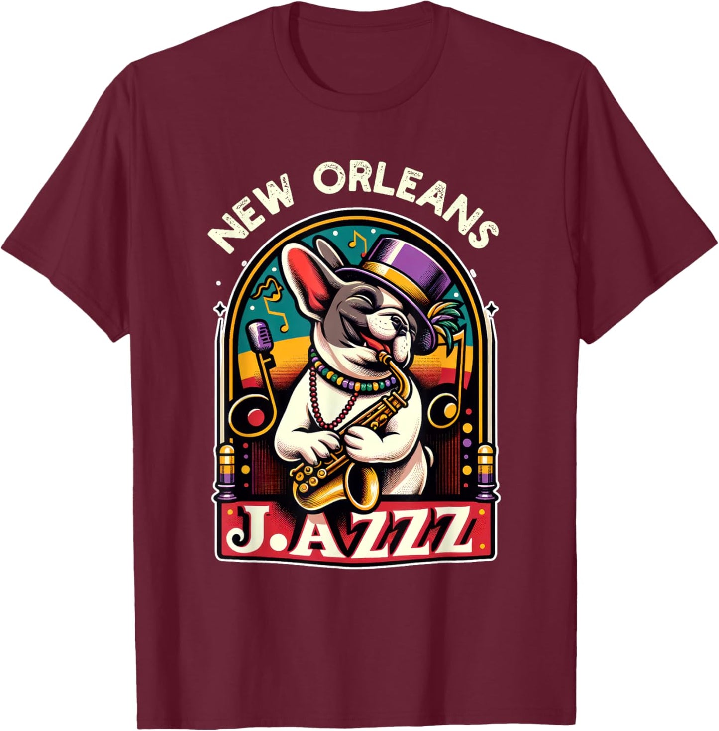 French Bulldog Owners with Mardi Gras Dog Jazz Music Lovers Women Kids T-Shirt - T-Shirt | Maroon