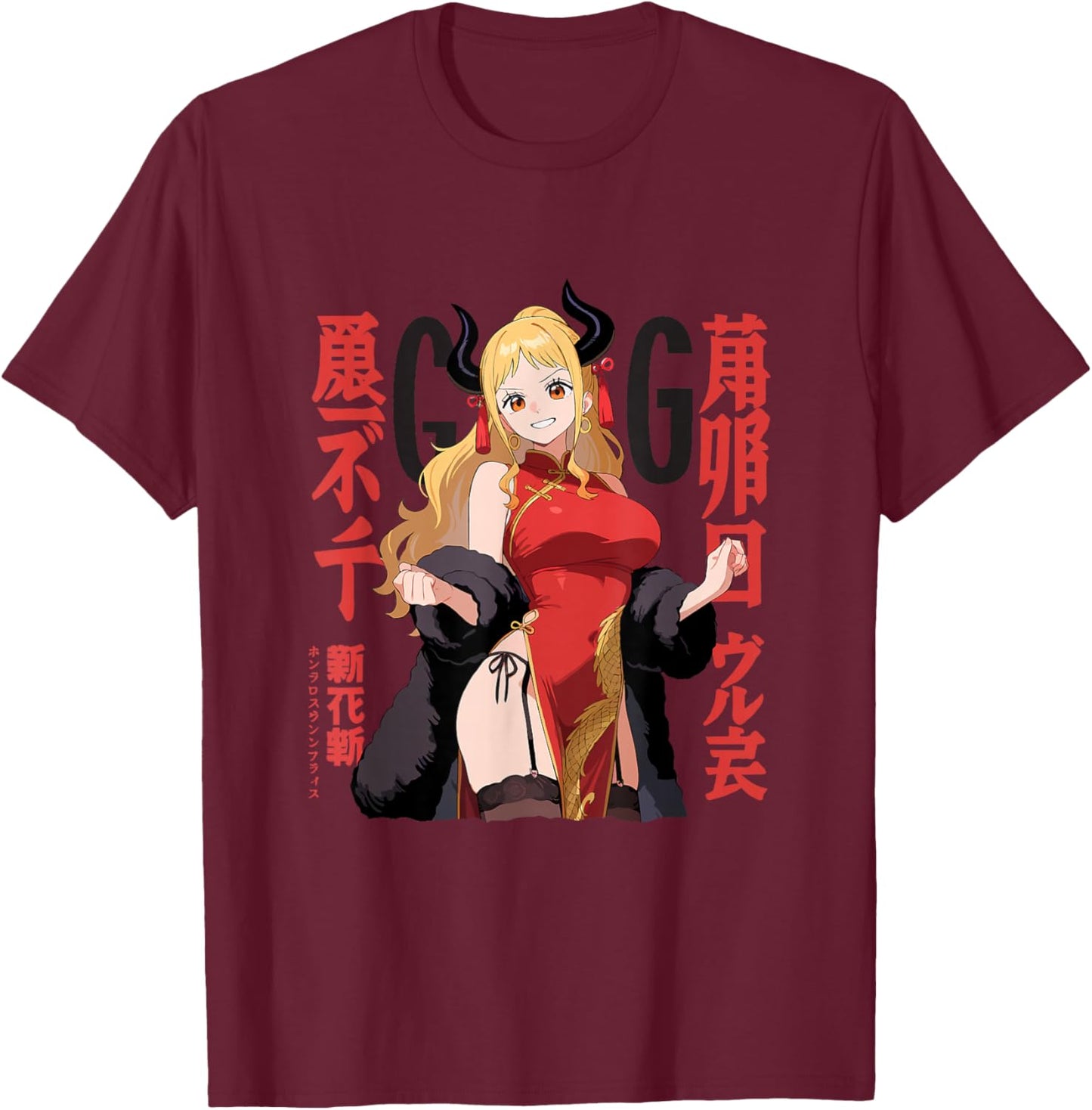 Waifu Sexy Anime Girl Devil Horns Chinese Dress Japanese Art T-Shirt - T-Shirt | Maroon