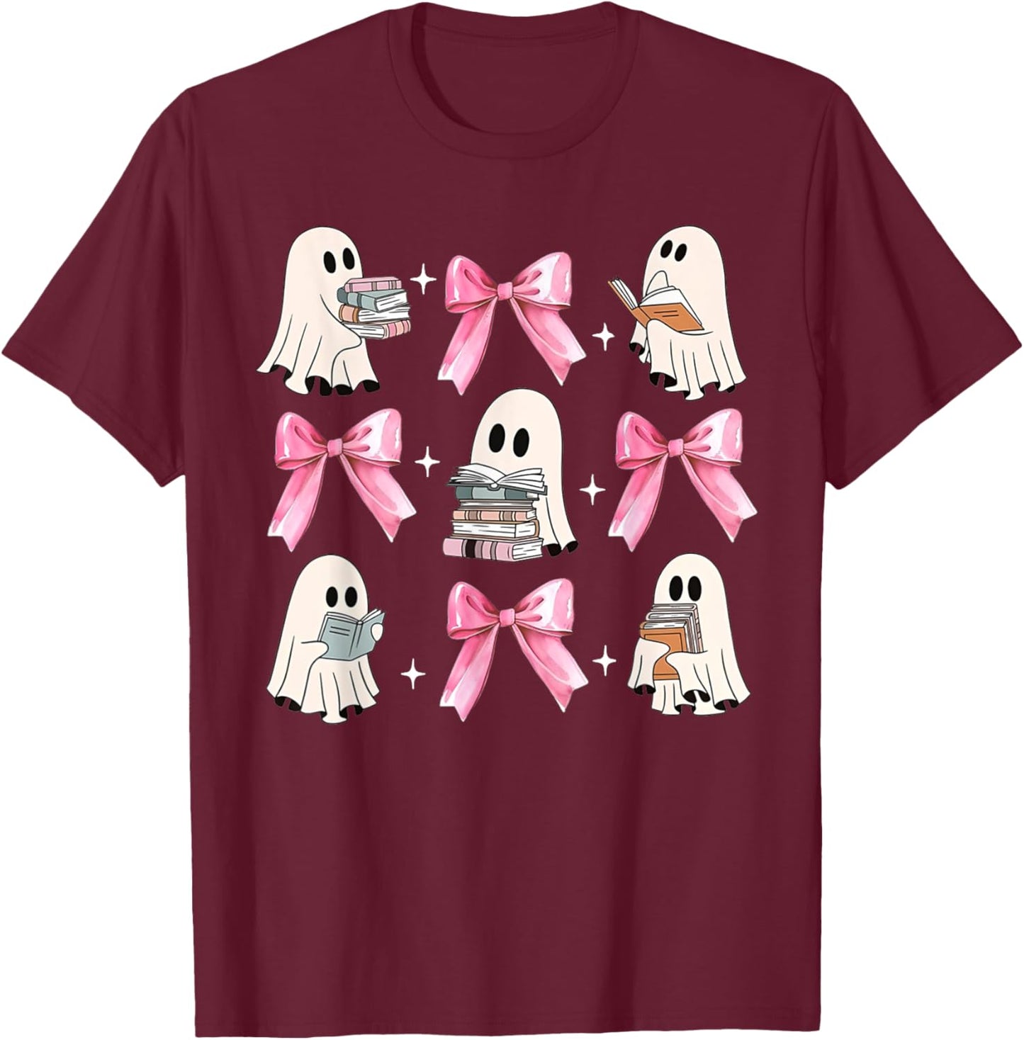 Little Pink Bow Ghost Reading Books Halloween Coquette Book T-Shirt - T-Shirt | Maroon