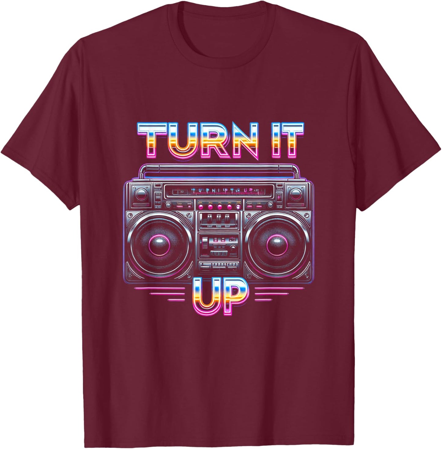 Retro Boombox Turn It Up Style Graphic T-Shirt - T-Shirt | Maroon