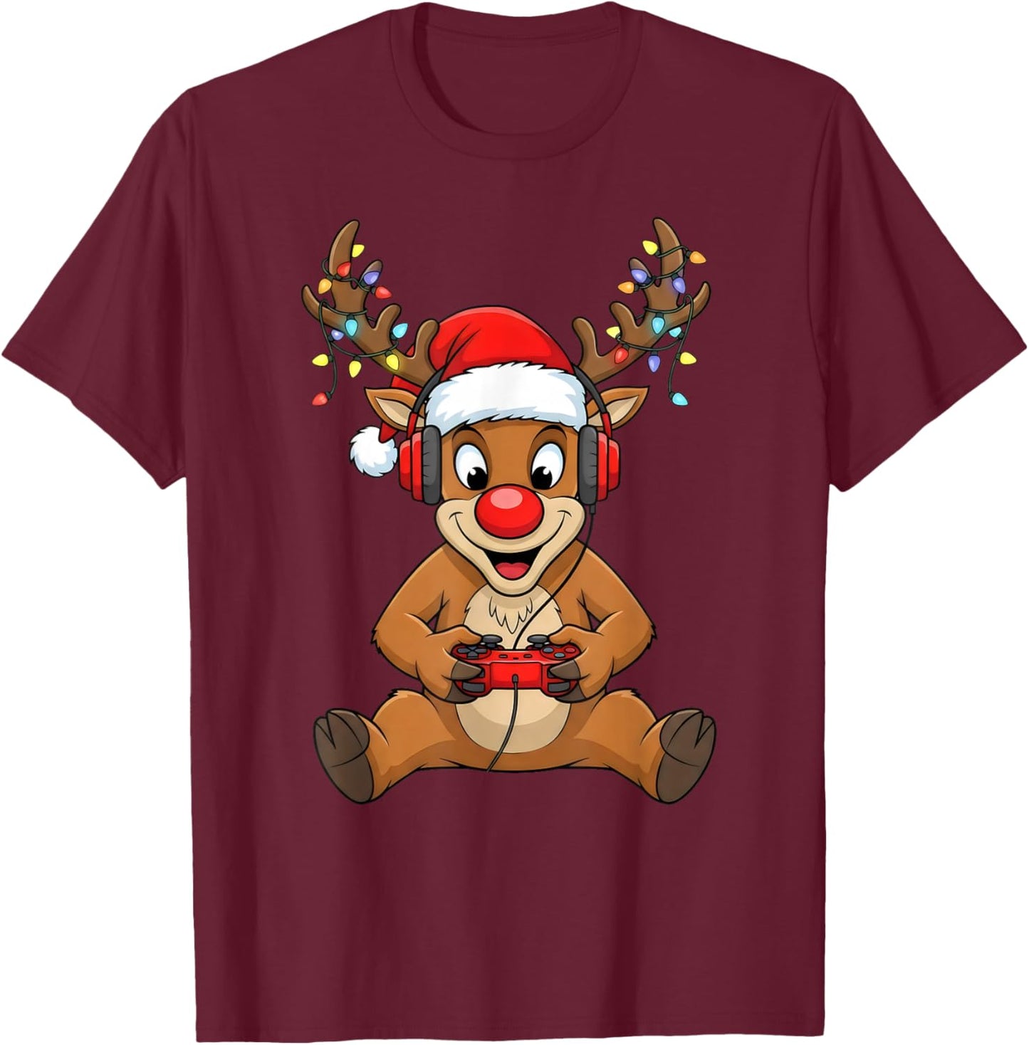 Christmas Gamer Reindeer Santa Hat Xmas Gaming Men Boys T-Shirt - T-Shirt | Maroon