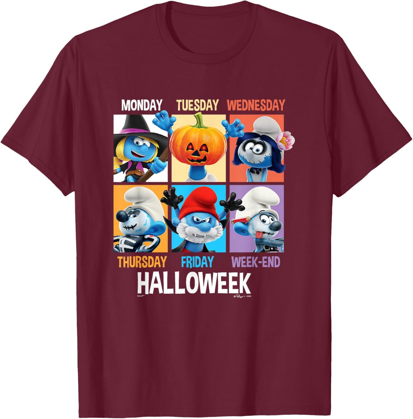 The Smurfs Halloween Hallowek Group Shot Big Chest Panels T-Shirt - T-Shirt | Maroon