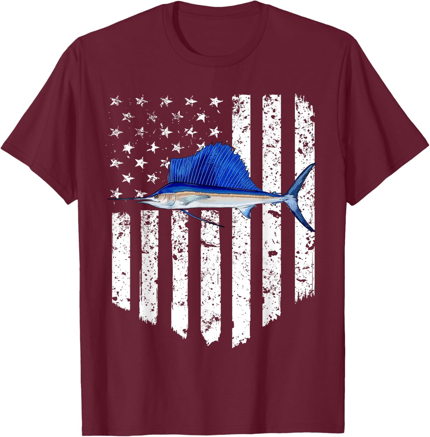 Black White American Flag Sailfish 4th Of July Fish Women Men T-Shirt - T-Shirt | Maroon