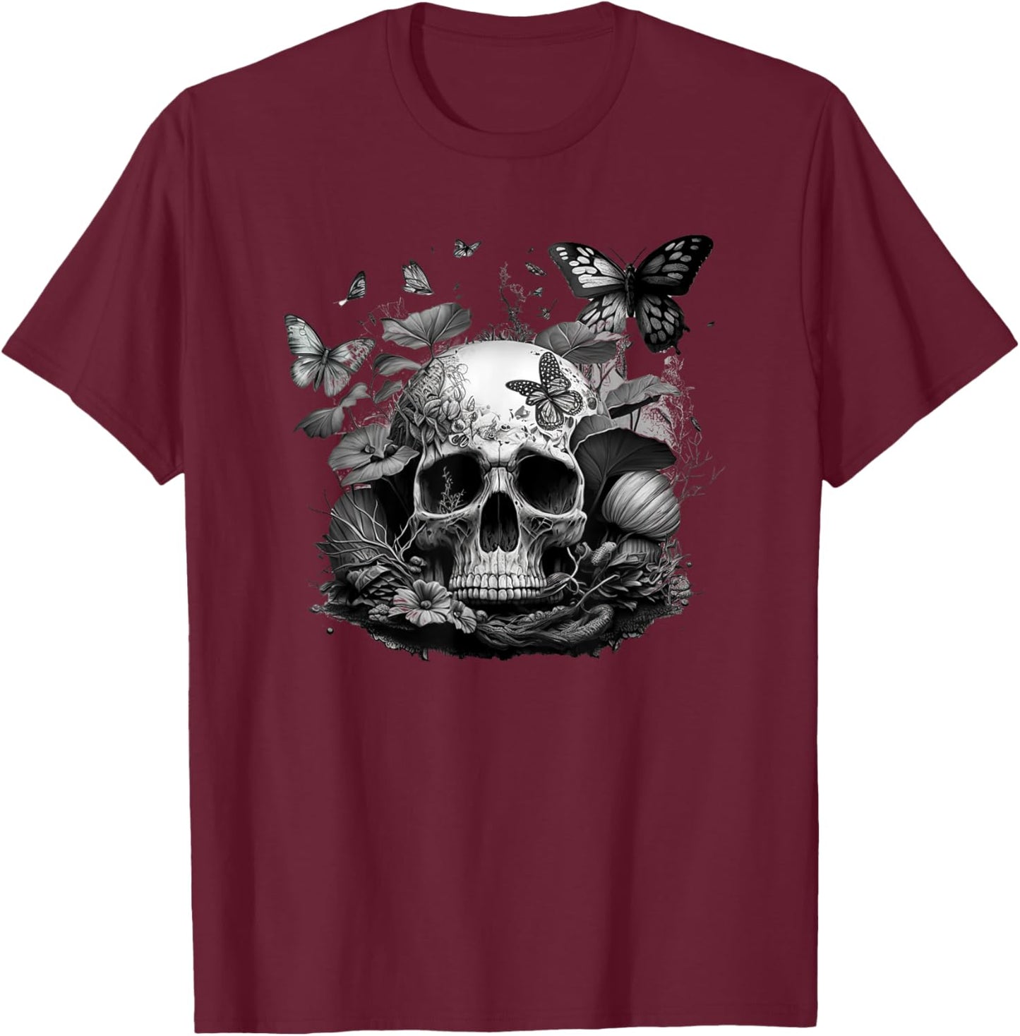 Skull with Vibrant Butterfly flower and mushroom T-Shirt - T-Shirt | Maroon