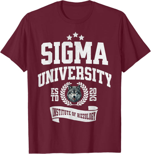 Sigma University Institute of Rizzology Funny Wolf Rizz Meme T-Shirt - T-Shirt | Maroon