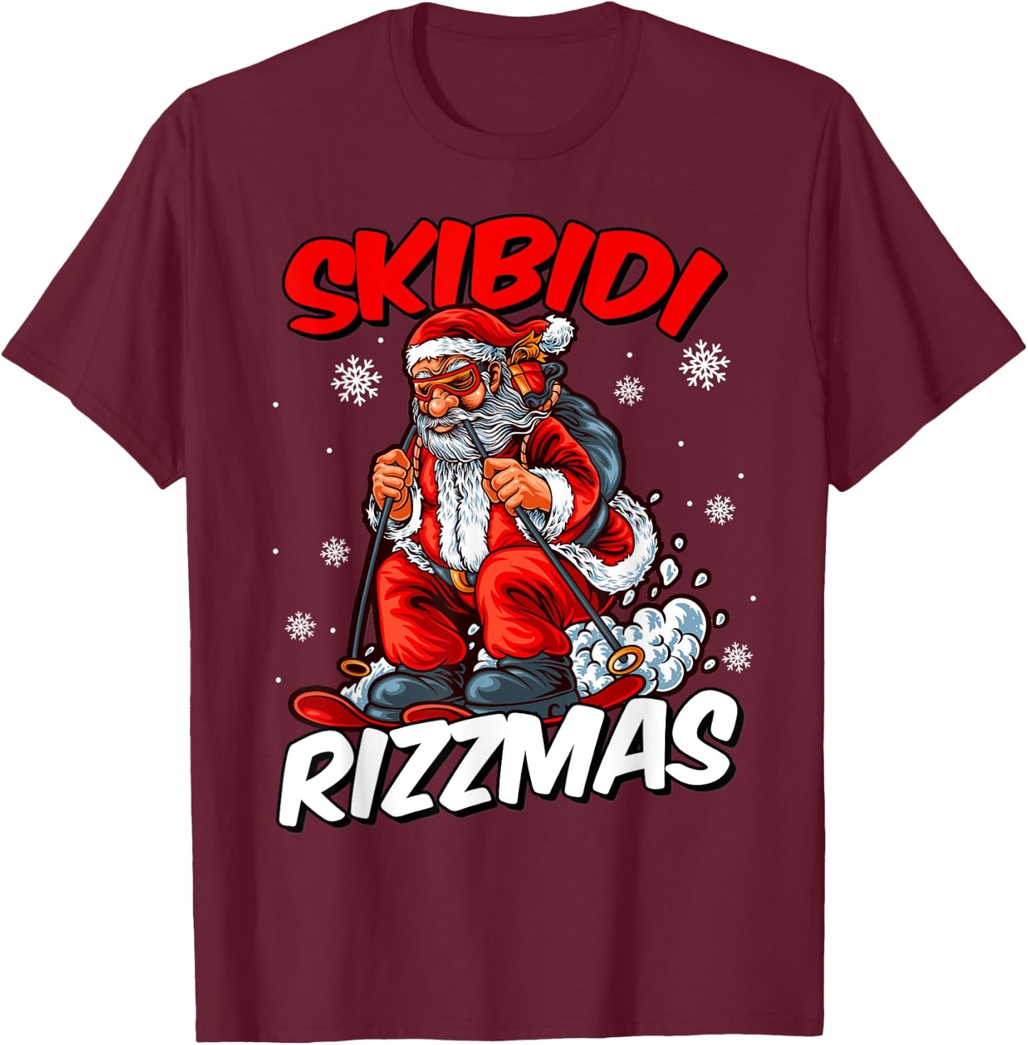 Retro Skibidi Rizzmas Funny Santa Clause Skiing_Xmas T-Shirt - T-Shirt | Maroon