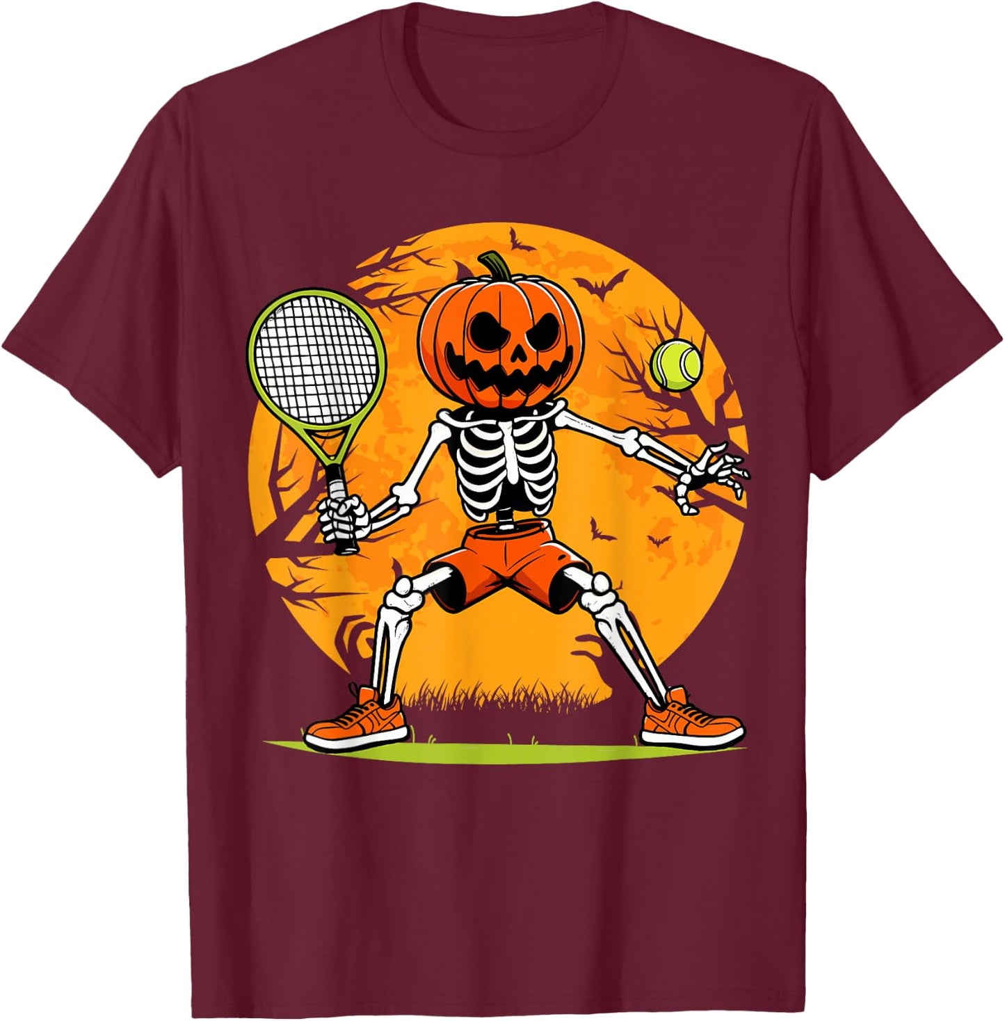 Halloween Tennis Pumpkin Head Skeleton Tennis Halloween T-Shirt - T-Shirt | Maroon