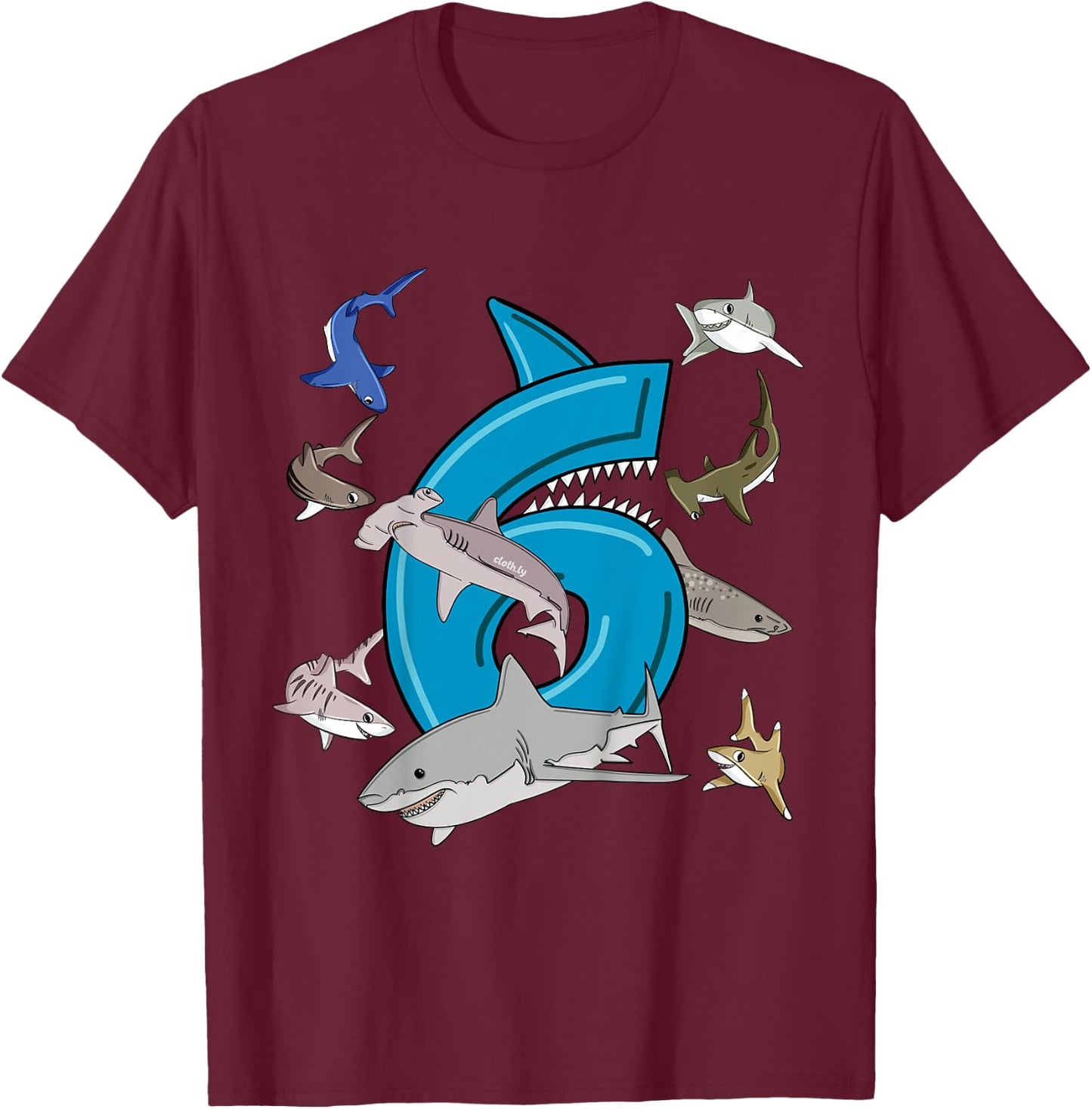 Kids 6th Birthday boys shark white shark T-Shirt - T-Shirt | Maroon