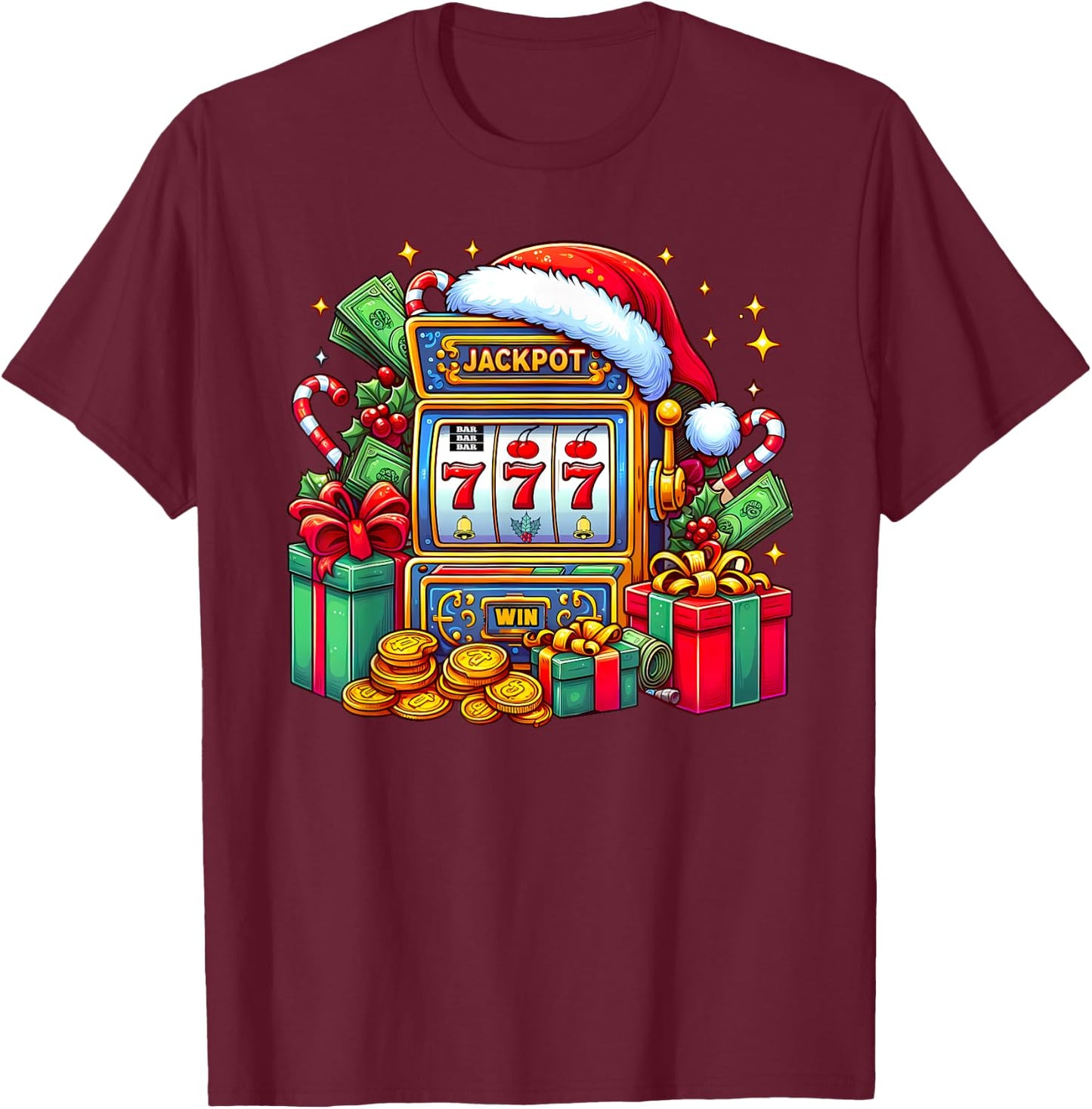 Christmas Slot Machine Casino Lucky Winner Xmas Big Jackpot T-Shirt - T-Shirt | Maroon