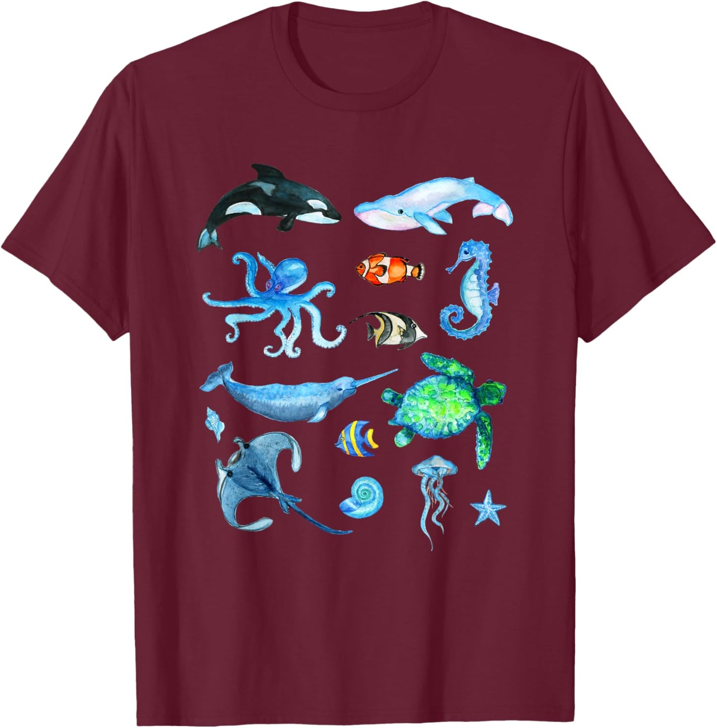 Watercolor Sea Animals Kids Ocean Wildlife Marine Creatures T-Shirt - T-Shirt | Maroon