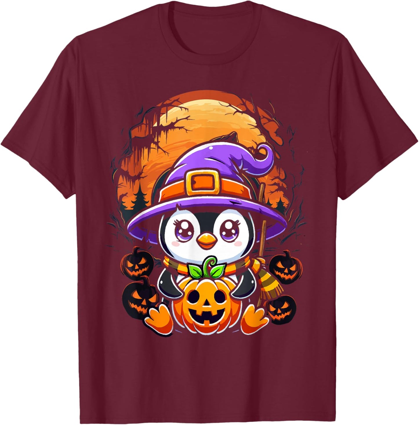 Halloween Penguin Witch Pumpkin Cute Costume Boys Girls Kids T-Shirt - T-Shirt | Maroon