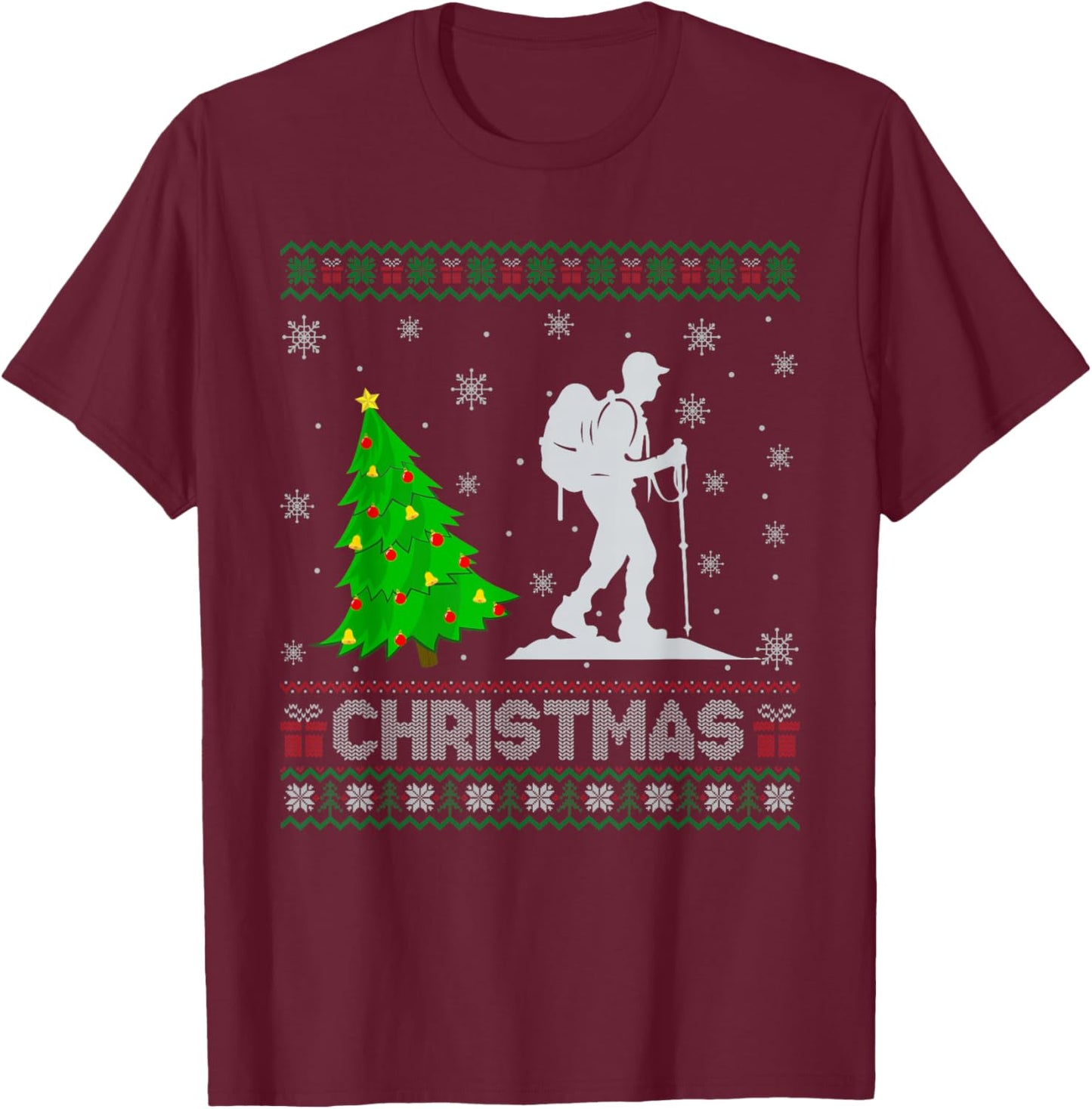 Hiking Xmas Tree Lighting Ugly Christmas Sweater T-Shirt - T-Shirt | Maroon