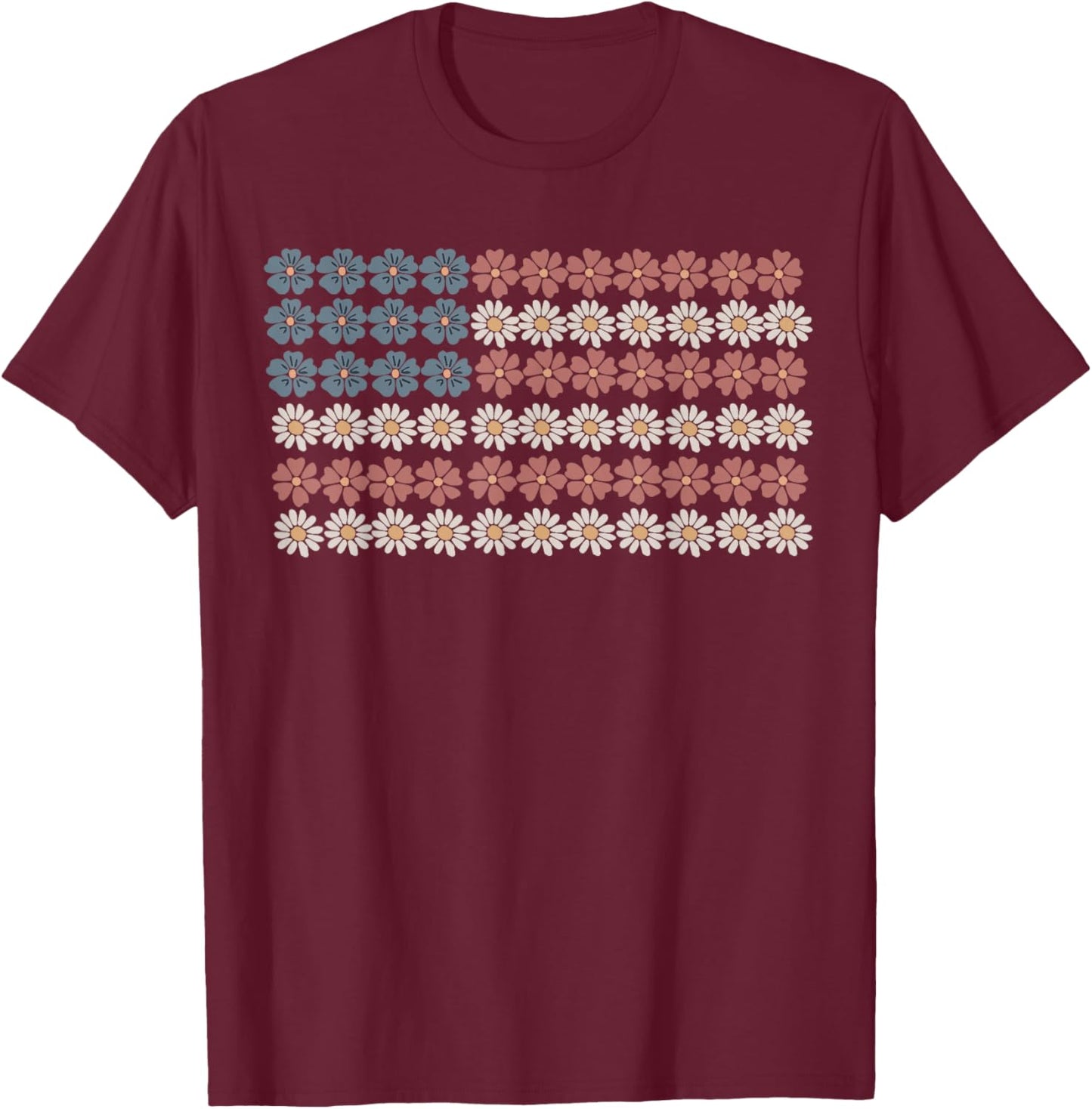 Retro Daisy Flower American Flag Women 4th of July Patriotic T-Shirt - T-Shirt | Maroon