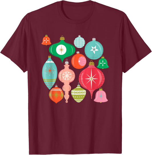 Vintage Retro Christmas Ornaments Decor Christmas - -Adults - Black - Small - Short Sleeve - Classic Fit - Cotton 60%, Polyester 40% T-Shirt - T-Shirt | Maroon