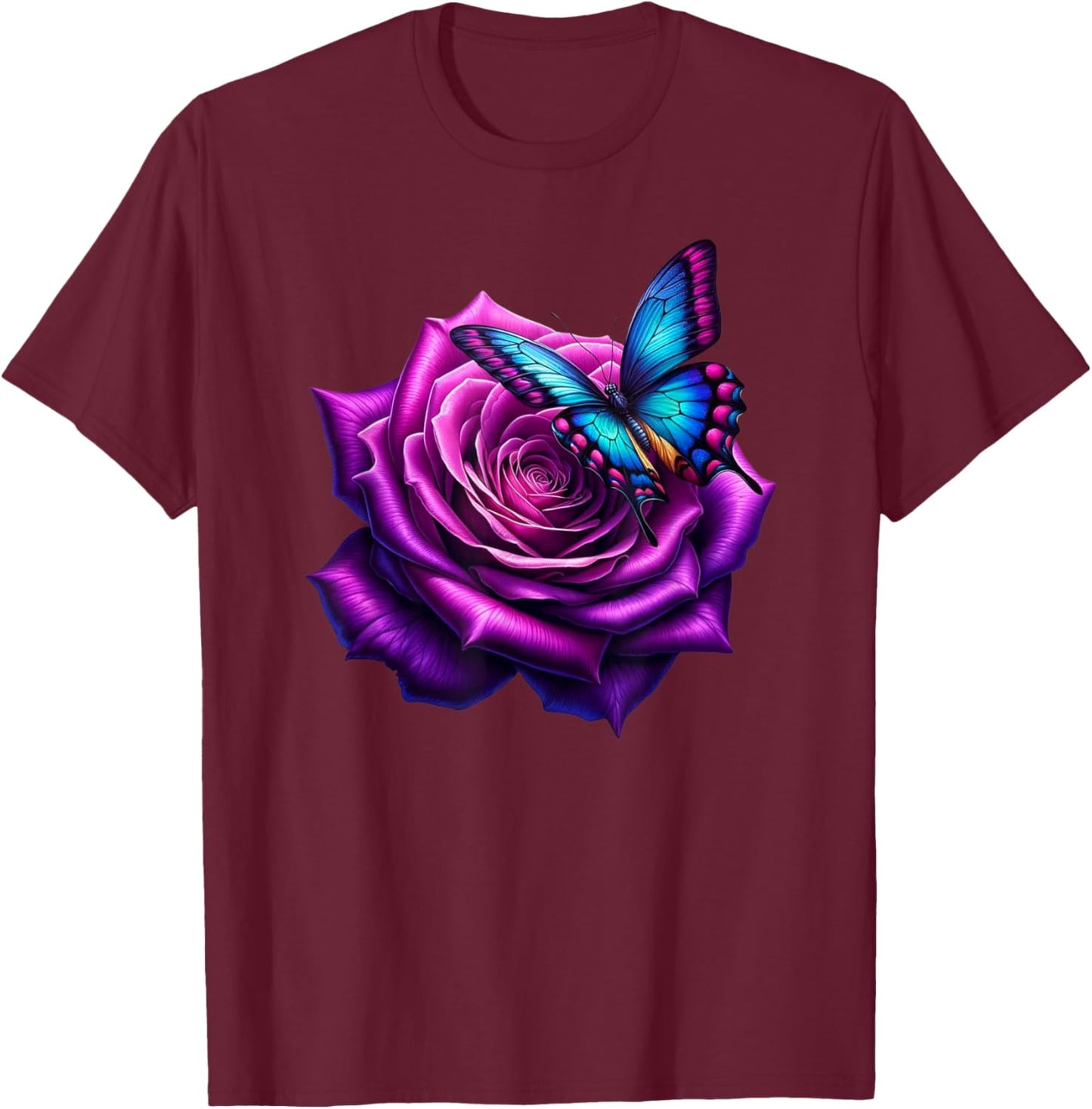 Butterfly On A Purple Colored Rose Flower Butterfly Lover T-Shirt - T-Shirt | Maroon